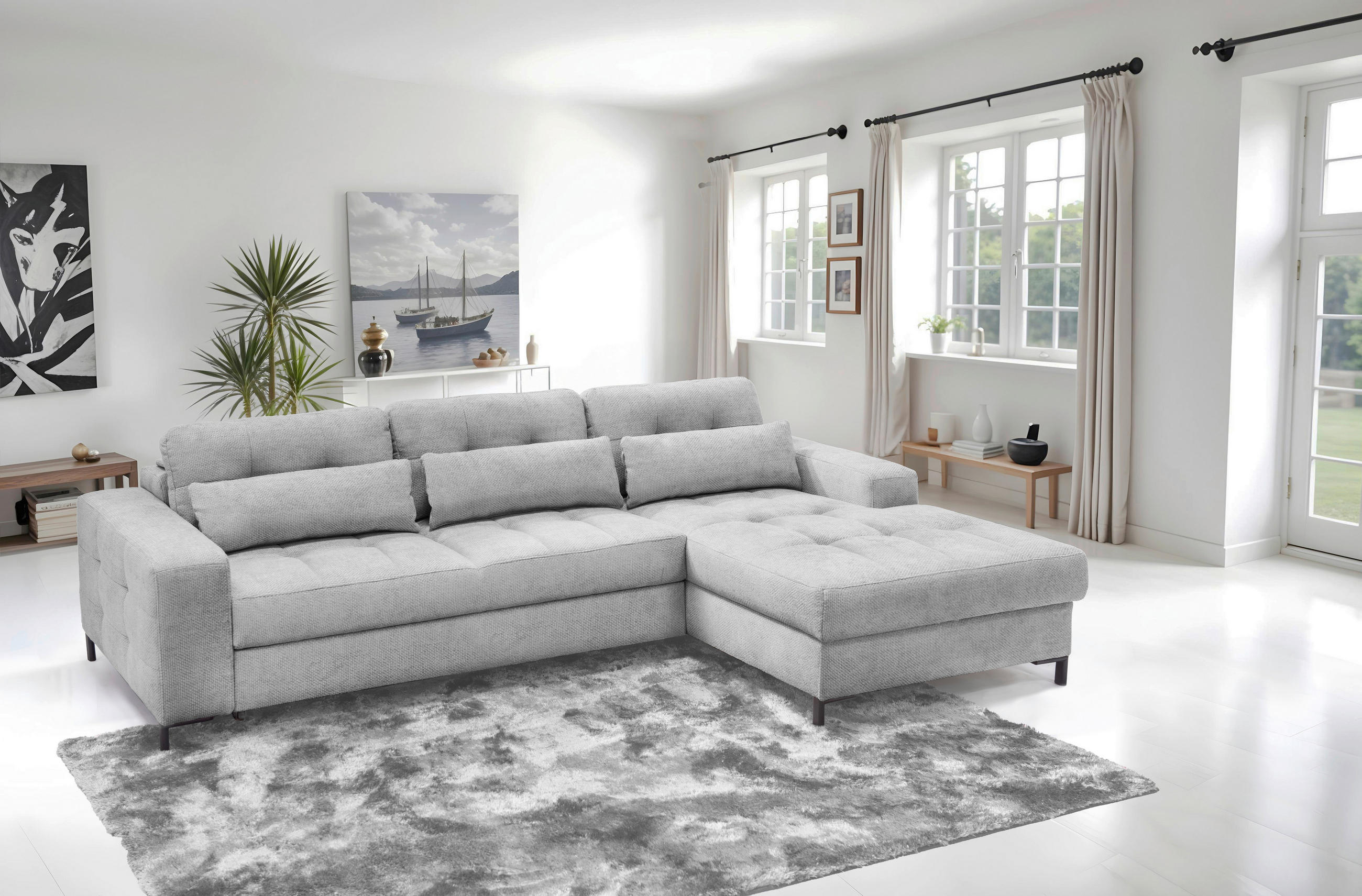 ECKSOFA BONITO Hellgrau Struktur  - Hellgrau/Schwarz, Design, Textil/Metall (255/176cm) - Livetastic