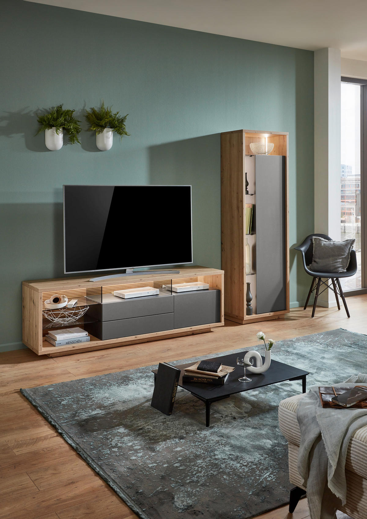 WOHNWAND  in Grau, Eiche Artisan 241/183,5/42 cm  - Eiche Artisan/Grau, Design, Glas/Holzwerkstoff (241/183,5/42cm) - Stylife