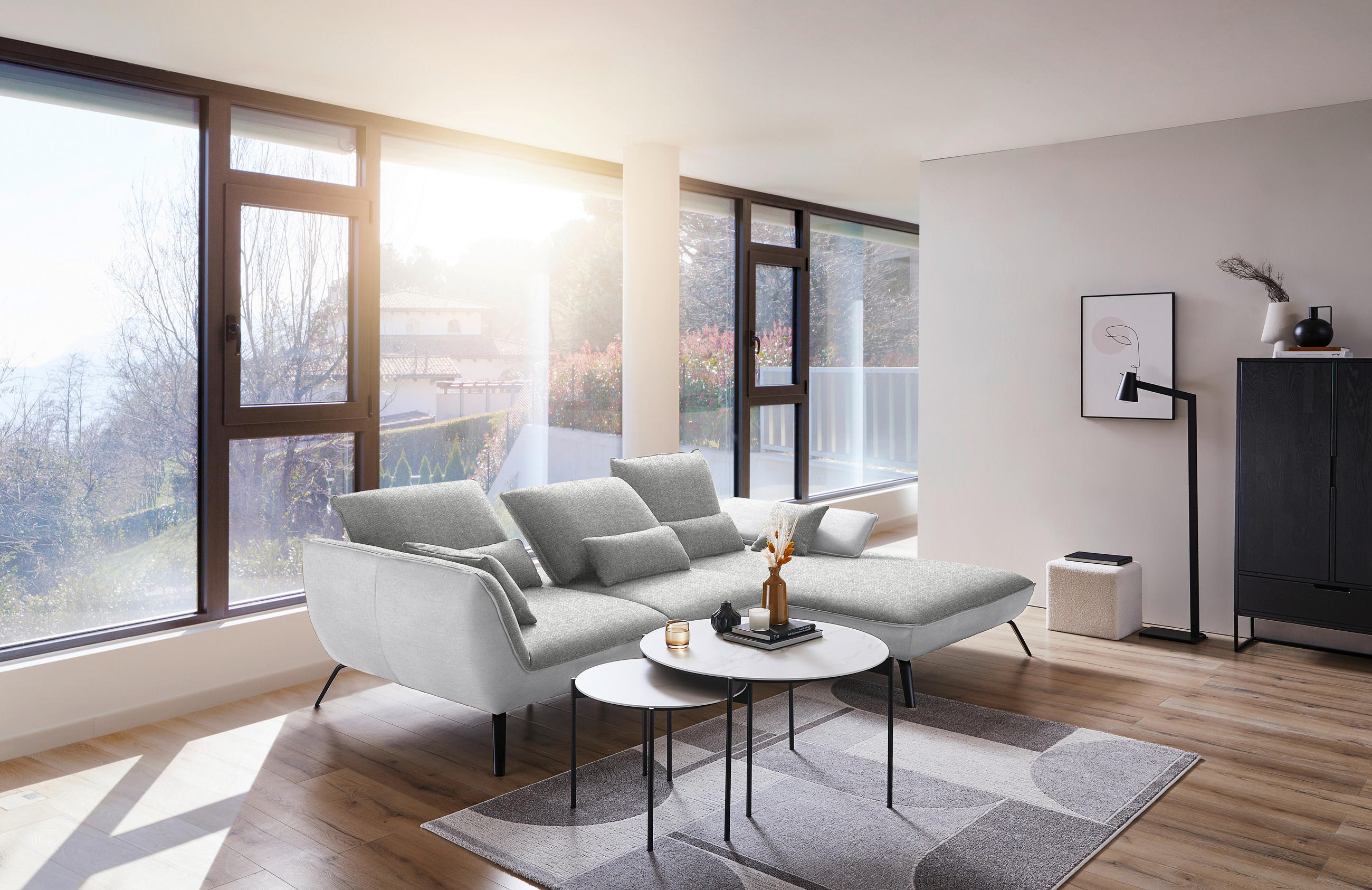 ECKSOFA in Flachgewebe Hellgrau  - Hellgrau/Schwarz, Design, Textil/Metall (301/191cm) - Moderano