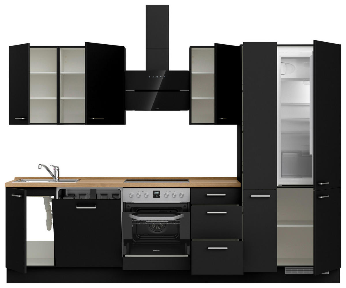 KÜCHENLEERBLOCK 300 cm   in Schwarz, Eichefarben  - Edelstahlfarben/Eichefarben, MODERN, Holzwerkstoff/Metall (300cm) - Nobilia