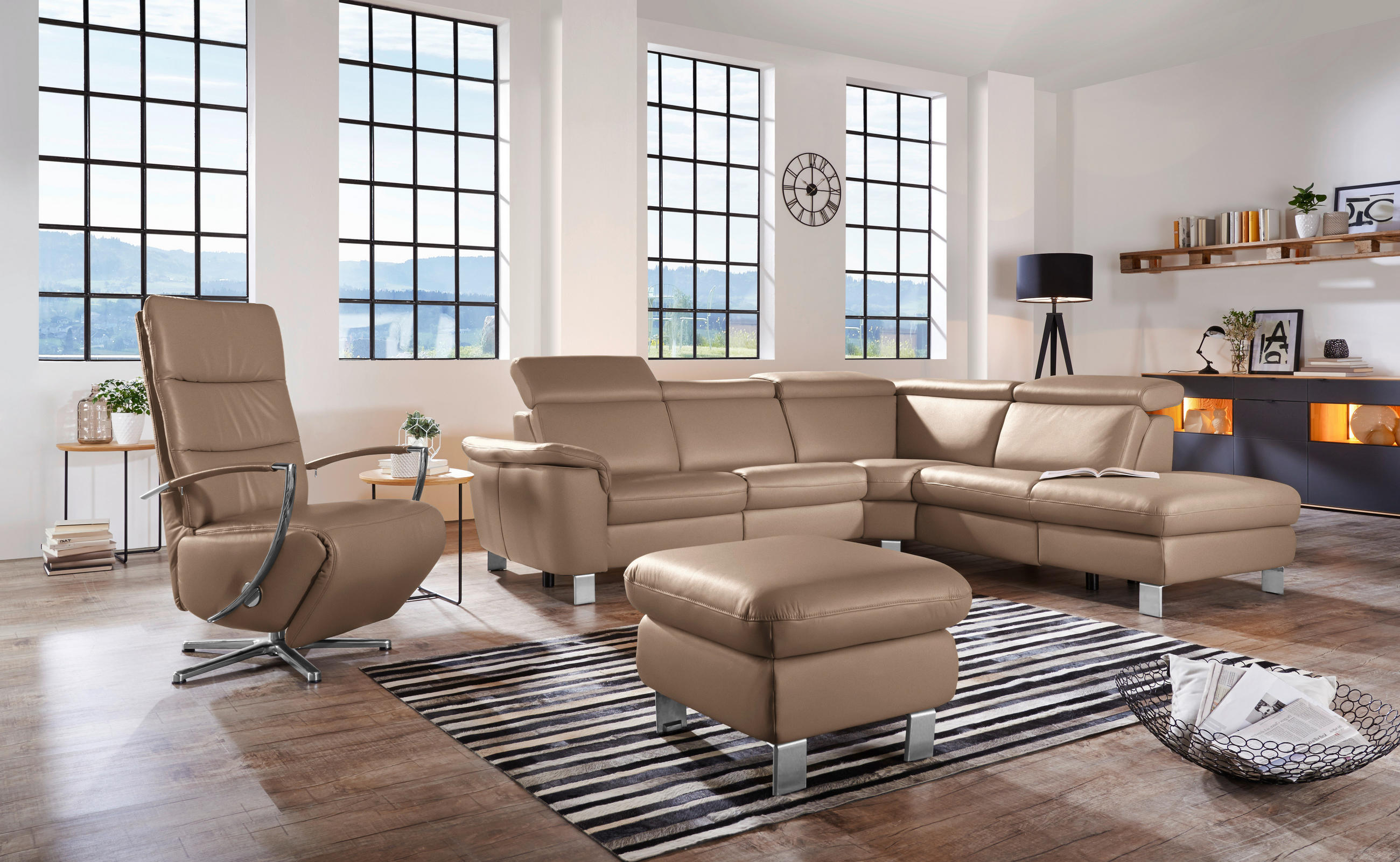 ECKSOFA in Echtleder Braun  - Alufarben/Braun, Design, Leder/Metall (271/239cm) - Cantus