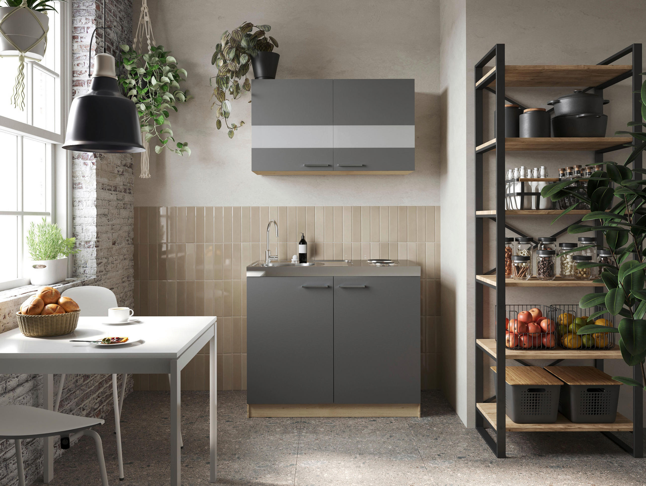 MINIKÜCHE 100 cm   in Grau, Eichefarben  - Eichefarben/Silberfarben, Basics, Glas/Holzwerkstoff (100cm) - Respekta