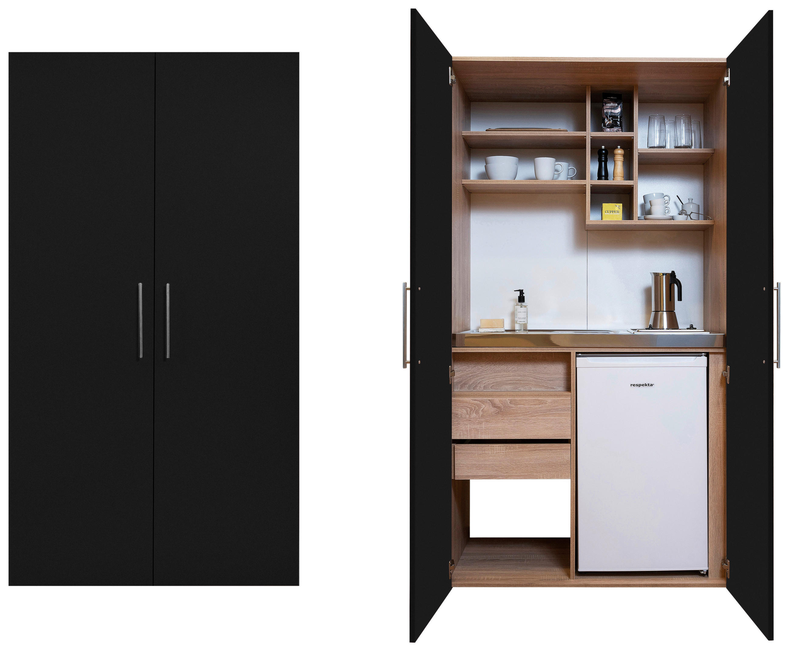 SCHRANKKÜCHE 104/193/67 cm  in Schwarz, Eichefarben  - Edelstahlfarben/Eichefarben, Konventionell, Holzwerkstoff/Metall (104/193/67cm) - Respekta