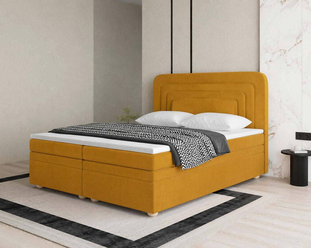 BOXBETT 140/200 cm,  in Currygelb, gepolstertes Kopfteil, Bettkasten, Topper, H2 + H3 = mittel + fest  - Currygelb, MODERN, Holz/Kunststoff (140/200cm) - Livetastic