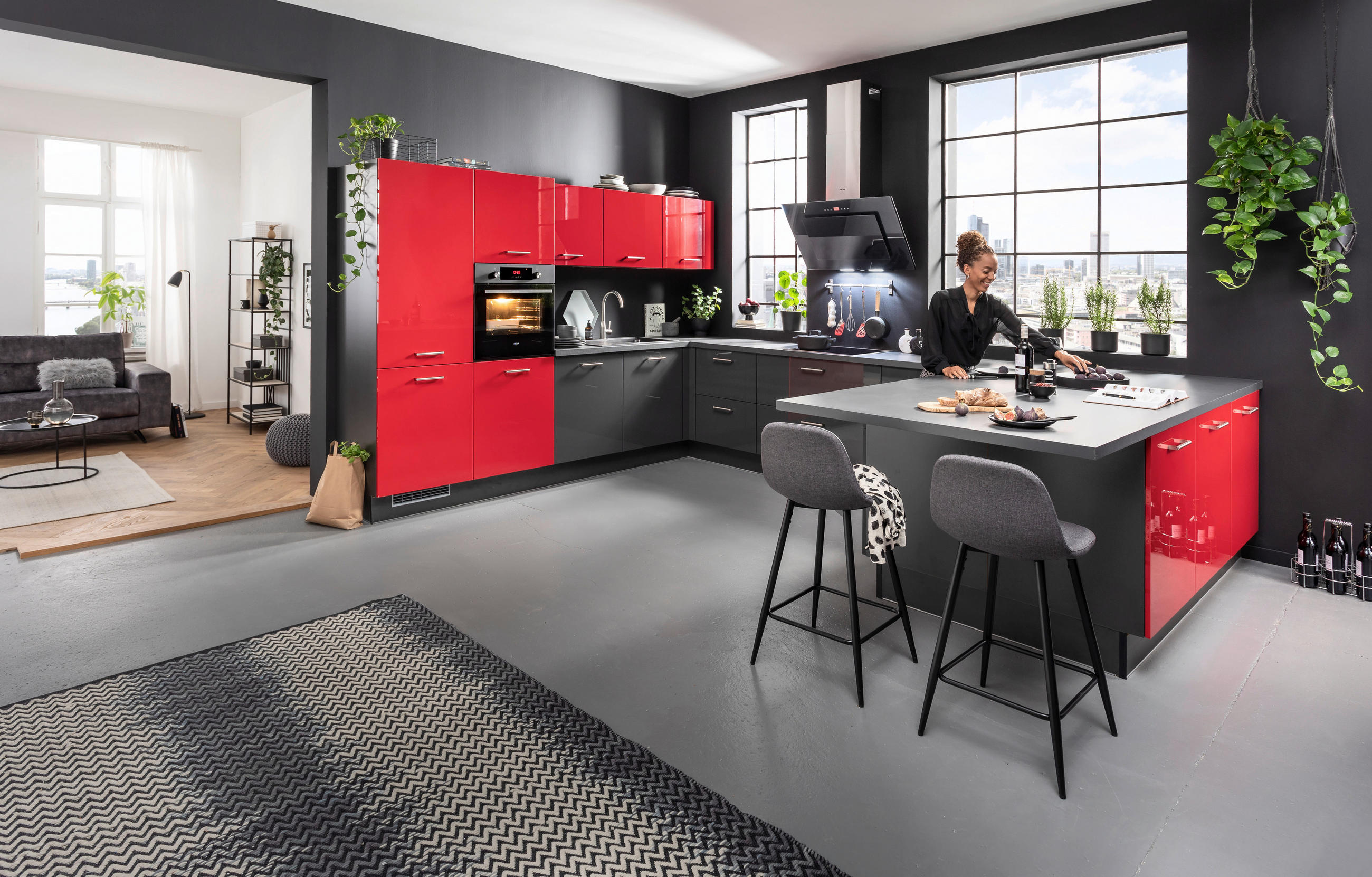 EINBAUKÜCHE  - Rot/Graphitfarben, Basics, Holzwerkstoff - Venda