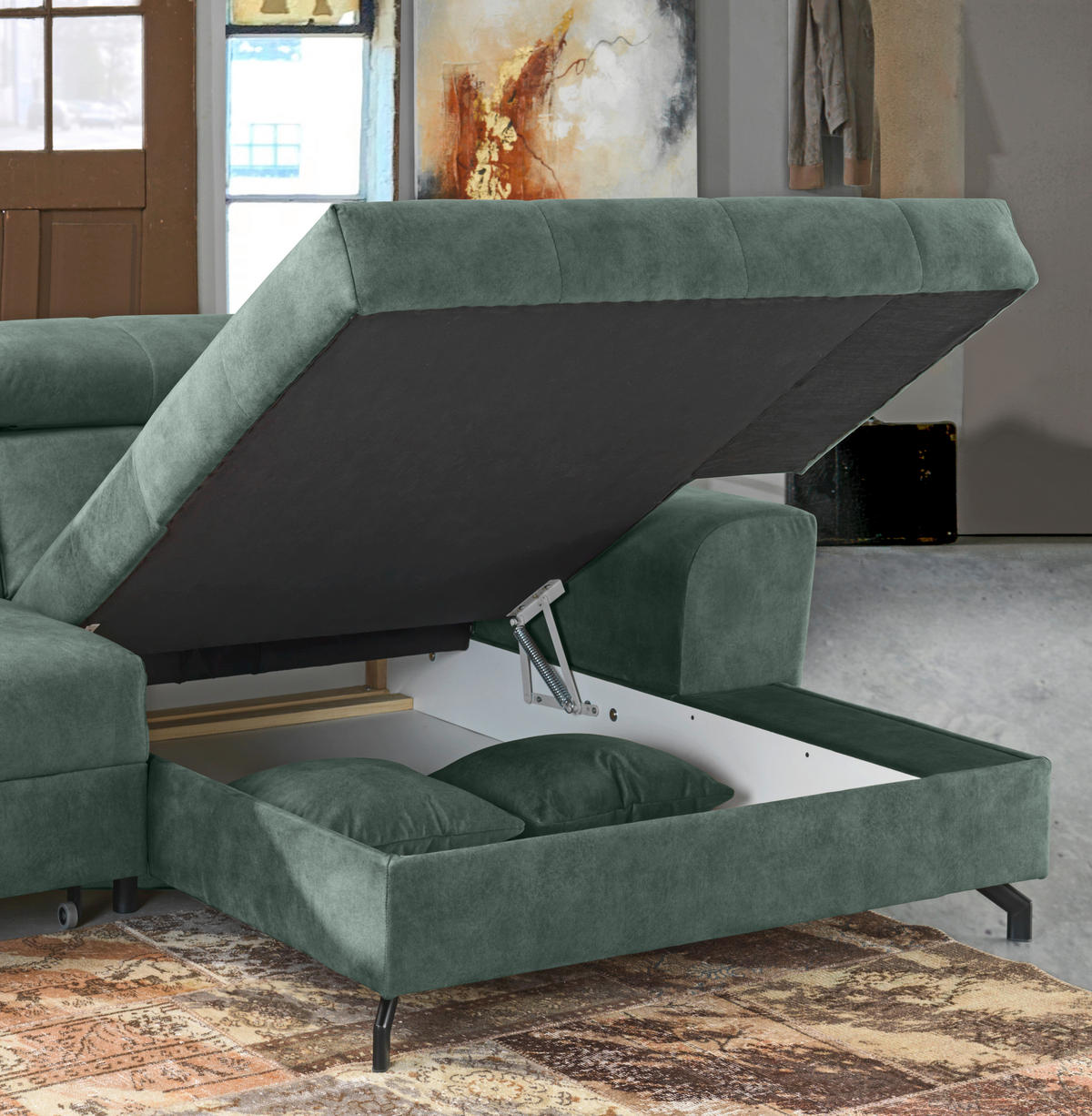 ECKSOFA in Velours Mintgrün  - Schwarz/Mintgrün, Design, Textil/Metall (267/181cm) - Carryhome