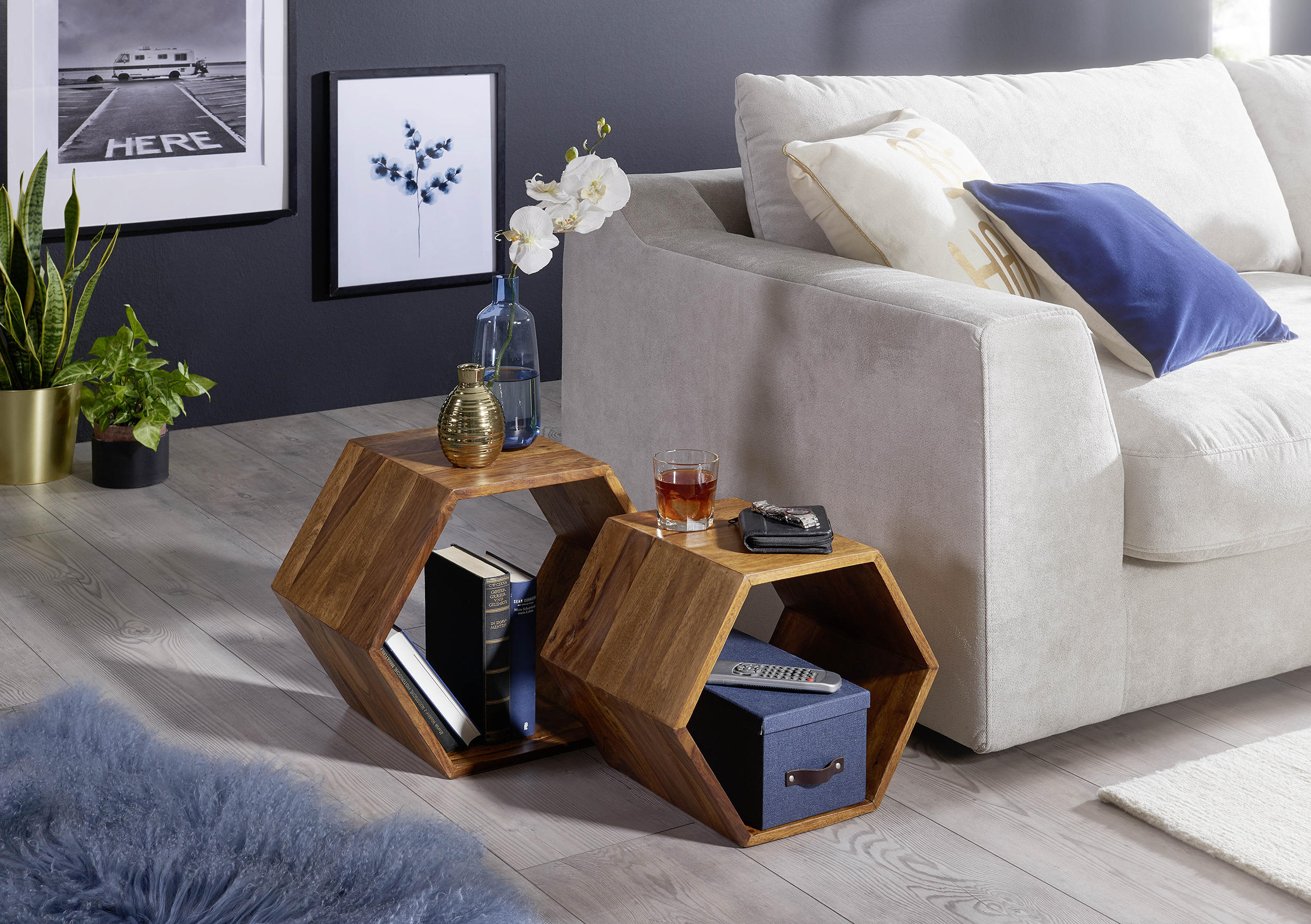 Thumbnail - Mid.you Beistelltisch, Sheesham, Holz, 2-teilig, Sheesham, massiv, sechseckig, Bodenplatte, 30x40x46 cm, Wohnzimmer, Woh...