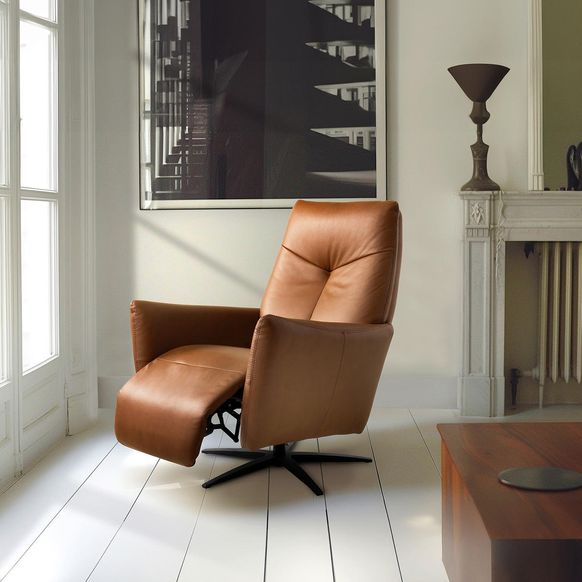 RELAXSESSEL Leder Cognac  - Cognac/Schwarz, Design, Leder/Metall (76/107/88cm) - Livetastic