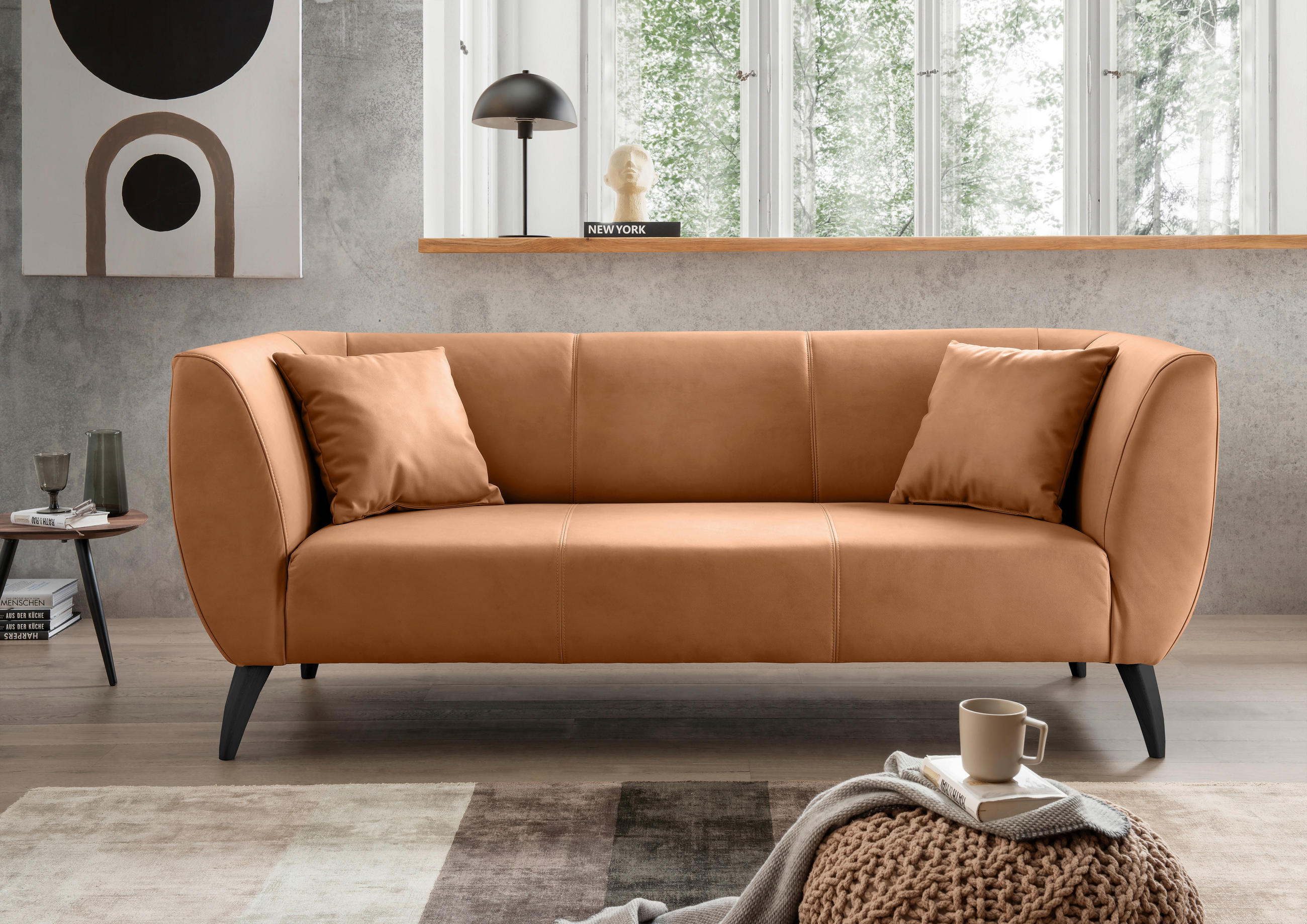 3-SITZER-SOFA in Lederlook Cognac  - Cognac/Schwarz, MODERN, Holz/Textil (208/83/88cm) - Livetastic
