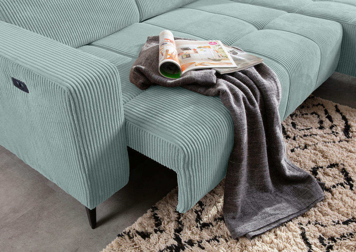 ECKSOFA Olivgrün Cord Rücken echt, Kopfteilverstellung, Sitzvorzug  - Schwarz/Olivgrün, KONVENTIONELL, Textil/Metall (257/170cm) - Carryhome