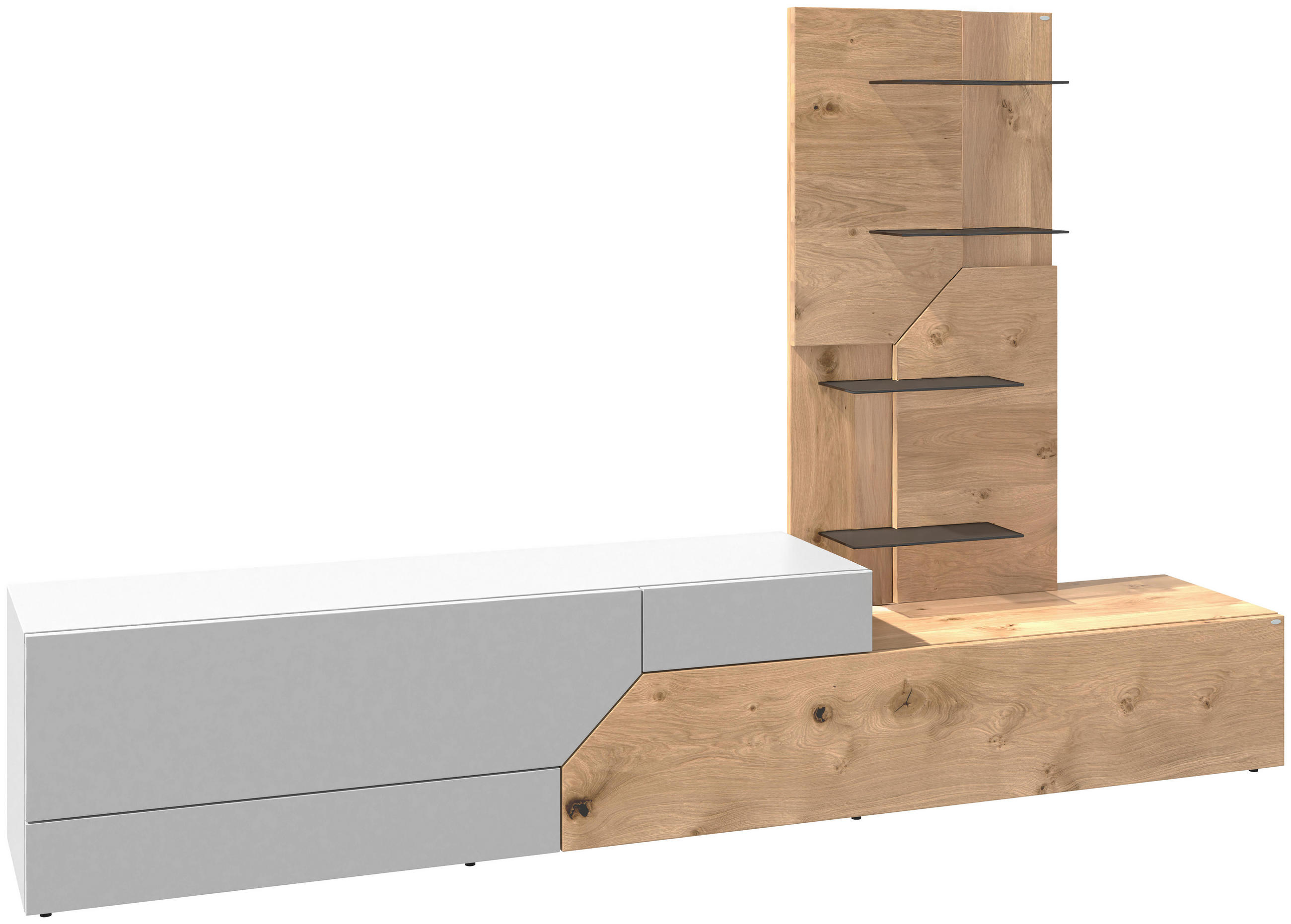 WOHNWAND 2-teilig  in Weiß, Eichefarben  256/162/44,6 cm  - Wildeiche/Eichefarben, Design, Glas/Holz (256/162/44,6cm) - Voglauer