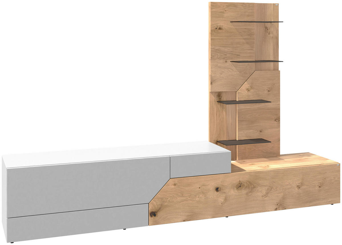 WOHNWAND 2-teilig  in Weiß, Eichefarben  256/162/44,6 cm  - Wildeiche/Eichefarben, Design, Glas/Holz (256/162/44,6cm) - Voglauer