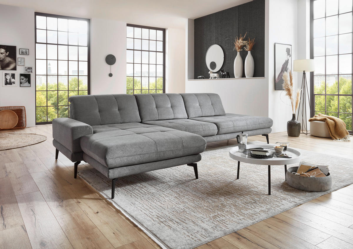 ECKSOFA in Flachgewebe Grau  - Schwarz/Grau, Design, Textil/Metall (190/309cm) - Beldomo Style