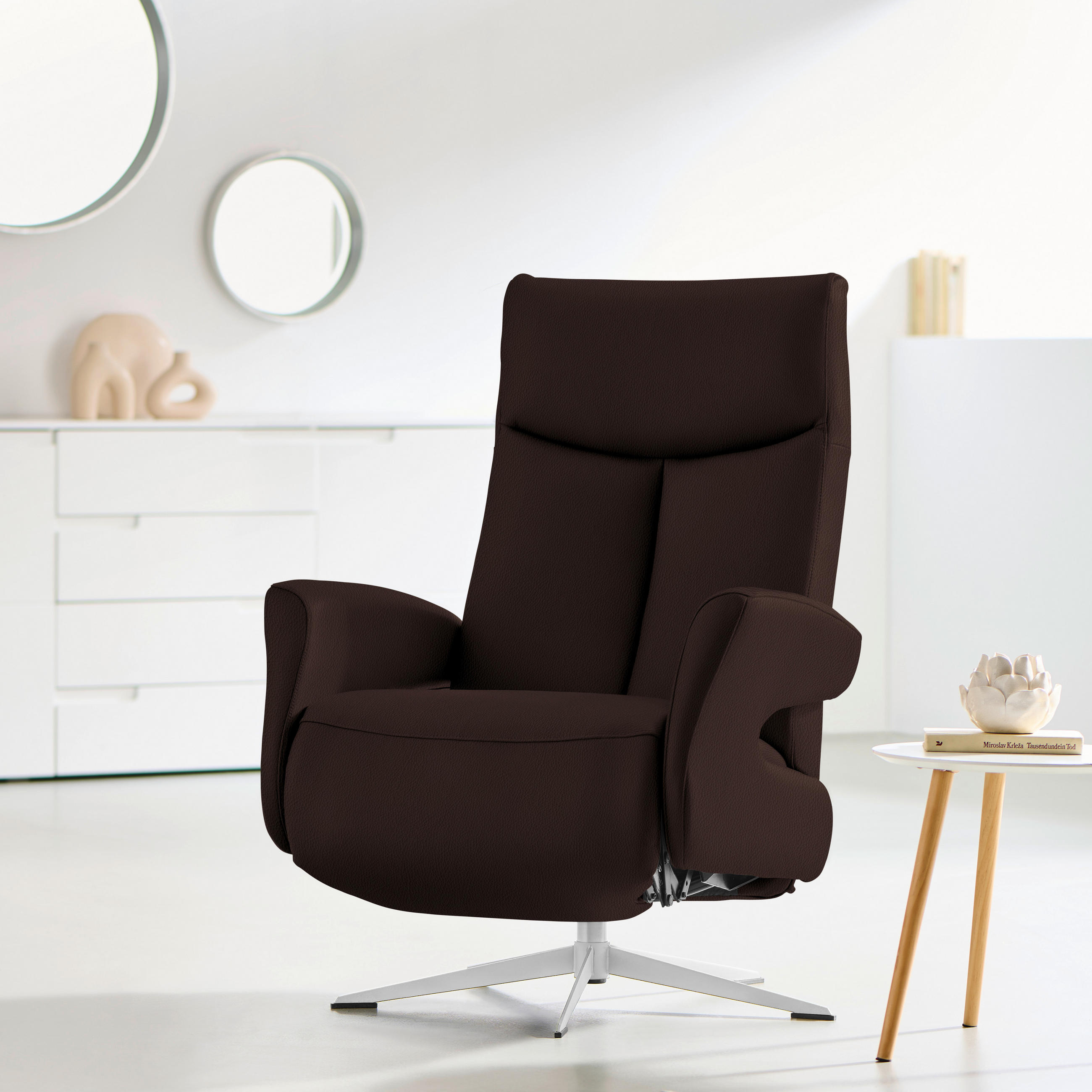 RELAXSESSEL Echtleder Relaxfunktion    - Chromfarben/Dunkelbraun, Design, Leder/Metall (74/105/82cm) - Welnova