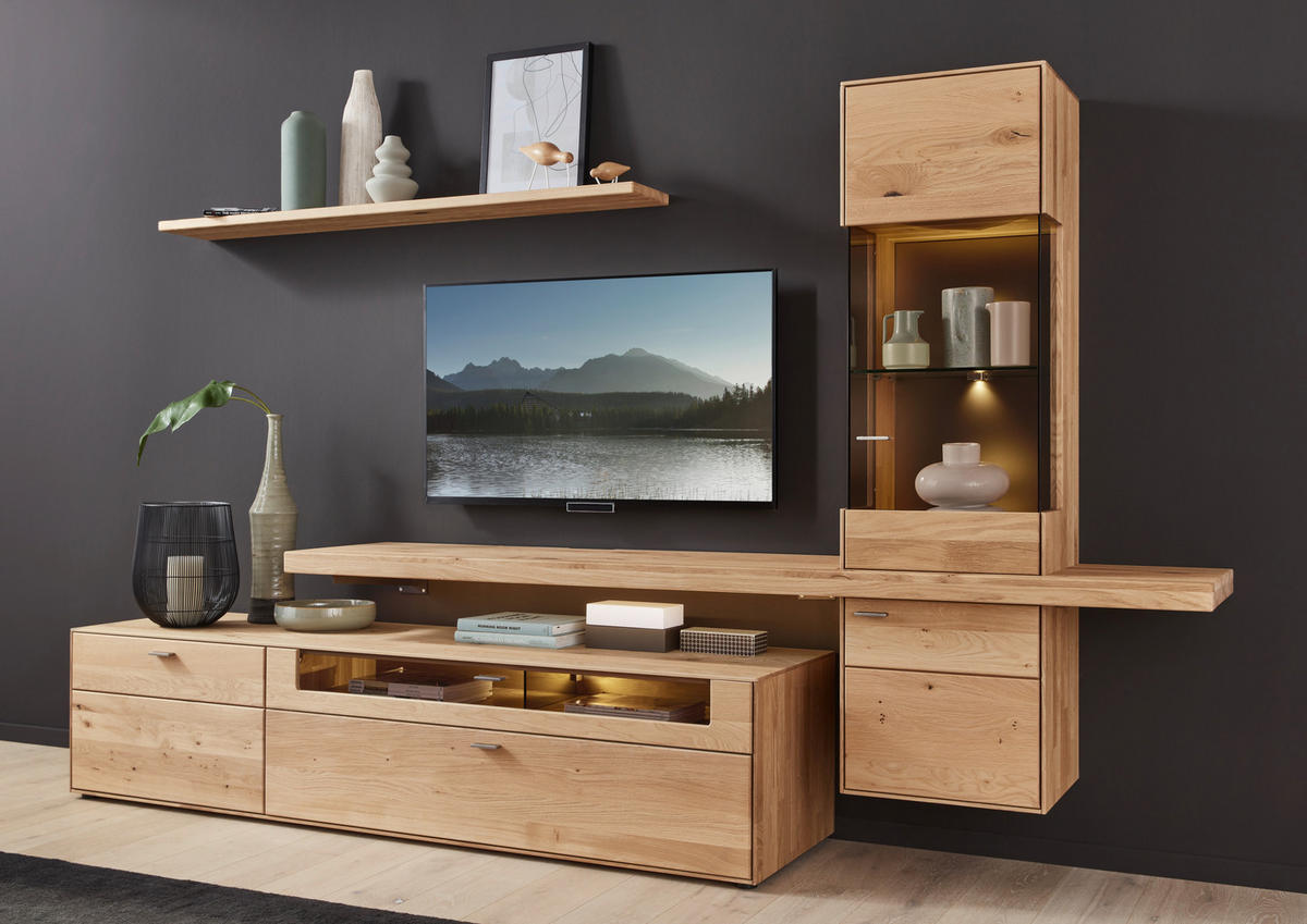 WOHNWAND  in Wildeiche  304/179/55 cm  - Wildeiche, Natur, Glas/Holz (304/179/55cm) - Valnatura