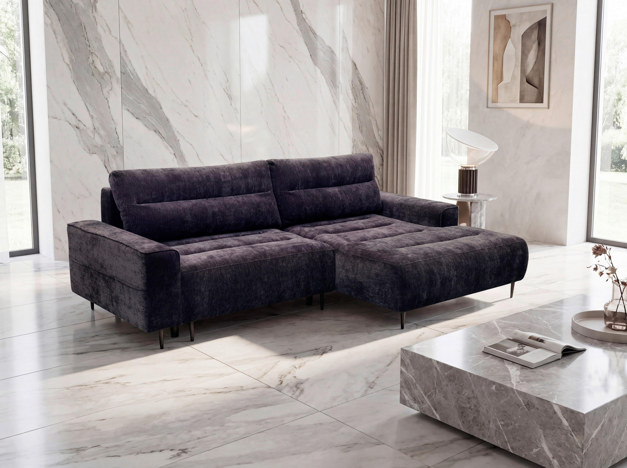 ECKSOFA PABLO Brombeere Struktur Rückenkissen, Bettkasten  - Brombeere/Schwarz, Design, Holz/Textil (260/160cm) - MID.YOU