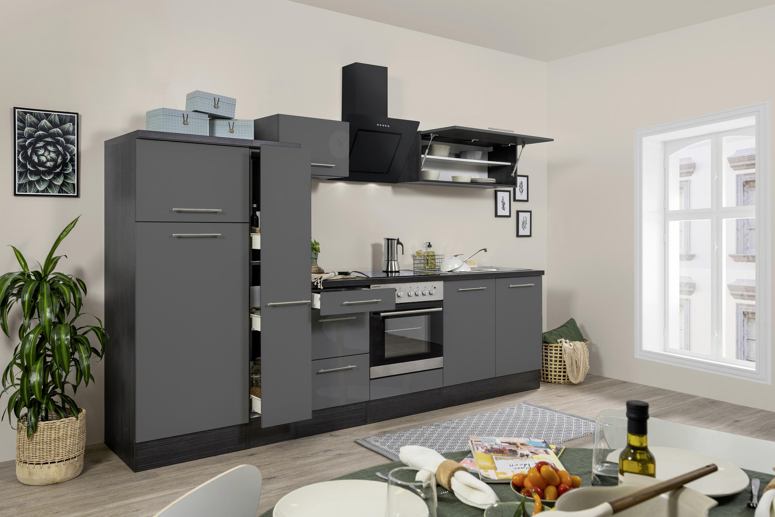 KÜCHENBLOCK 300 cm Grau, Eichefarben E-Geräte, Spüle, Soft-Close-System, Ab- und Überlaufgarnitur, Herdanschlusskabel - Edelstahlfarben/Eichefarben, Basics, Metall (300cm) - Respekta