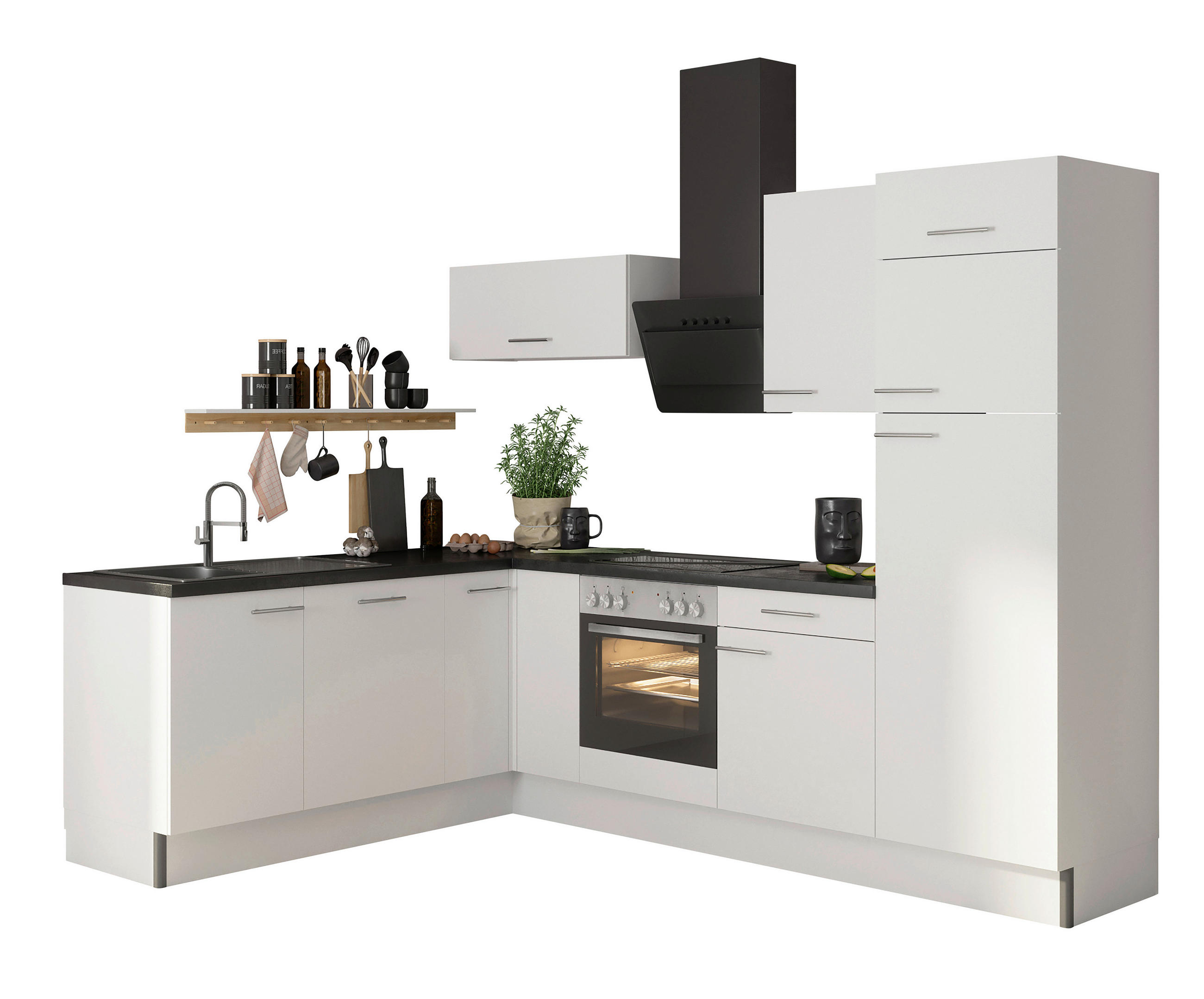 ECKKÜCHE 200/270 cm  in Weiß  - Edelstahlfarben/Anthrazit, Basics, Holzwerkstoff/Metall (200/270cm) - Optifit