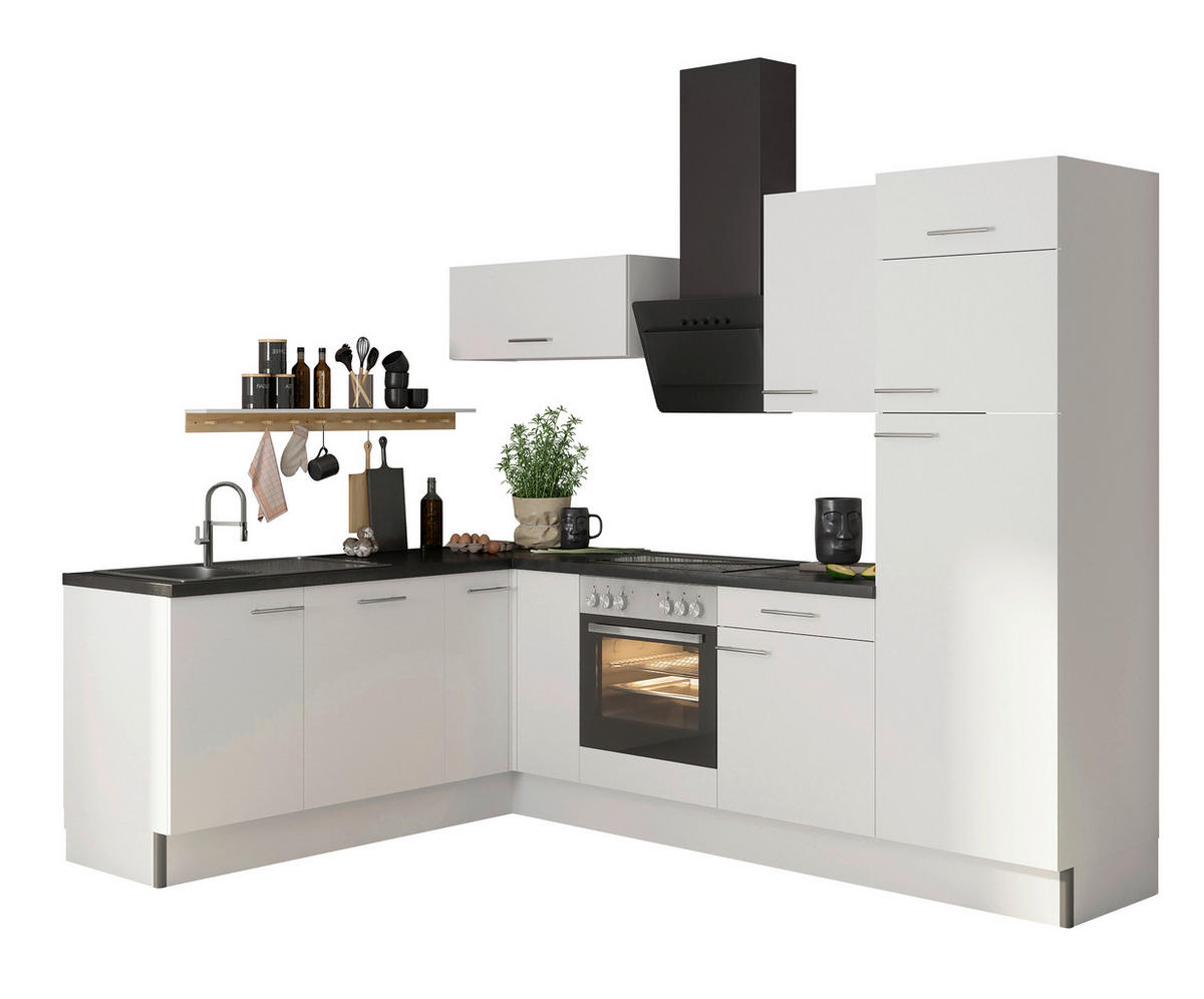 ECKKÜCHE 200/270 cm  in Weiß  - Edelstahlfarben/Anthrazit, Basics, Holzwerkstoff/Metall (200/270cm) - Optifit