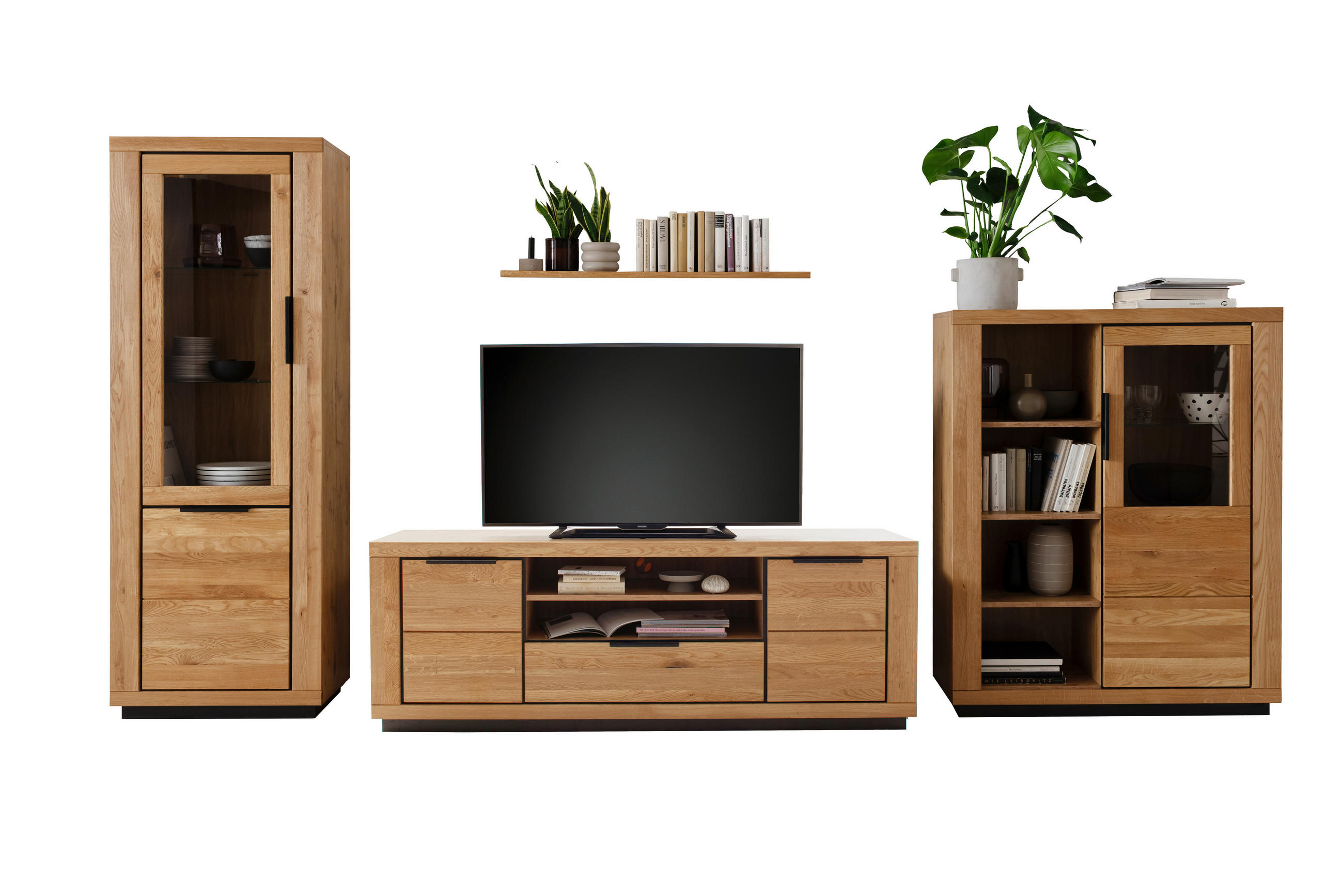WOHNWAND 4-teilig  in Wildeiche  407/200/54 cm  - Wildeiche/Schwarz, Design, Glas/Holz (407/200/54cm) - MID.YOU