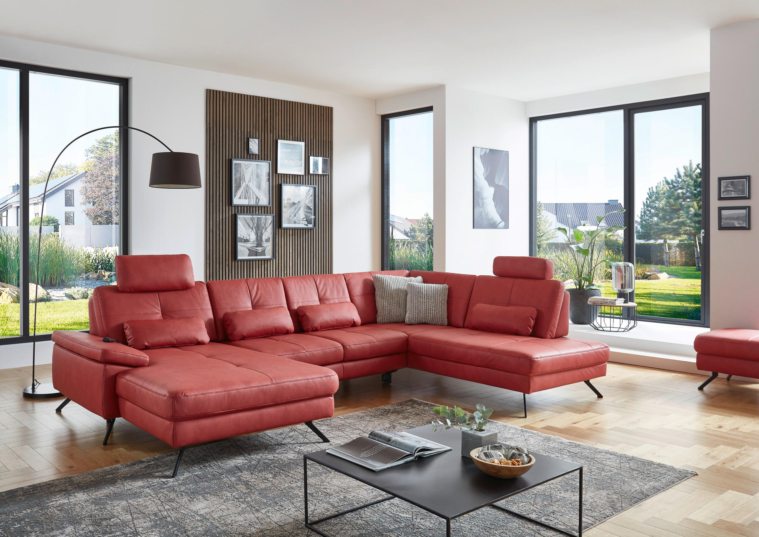 WOHNLANDSCHAFT Rot Lederlook, Mikrofaser  - Rot/Schwarz, Design, Textil/Metall (220/345cm) - Beldomo Speed