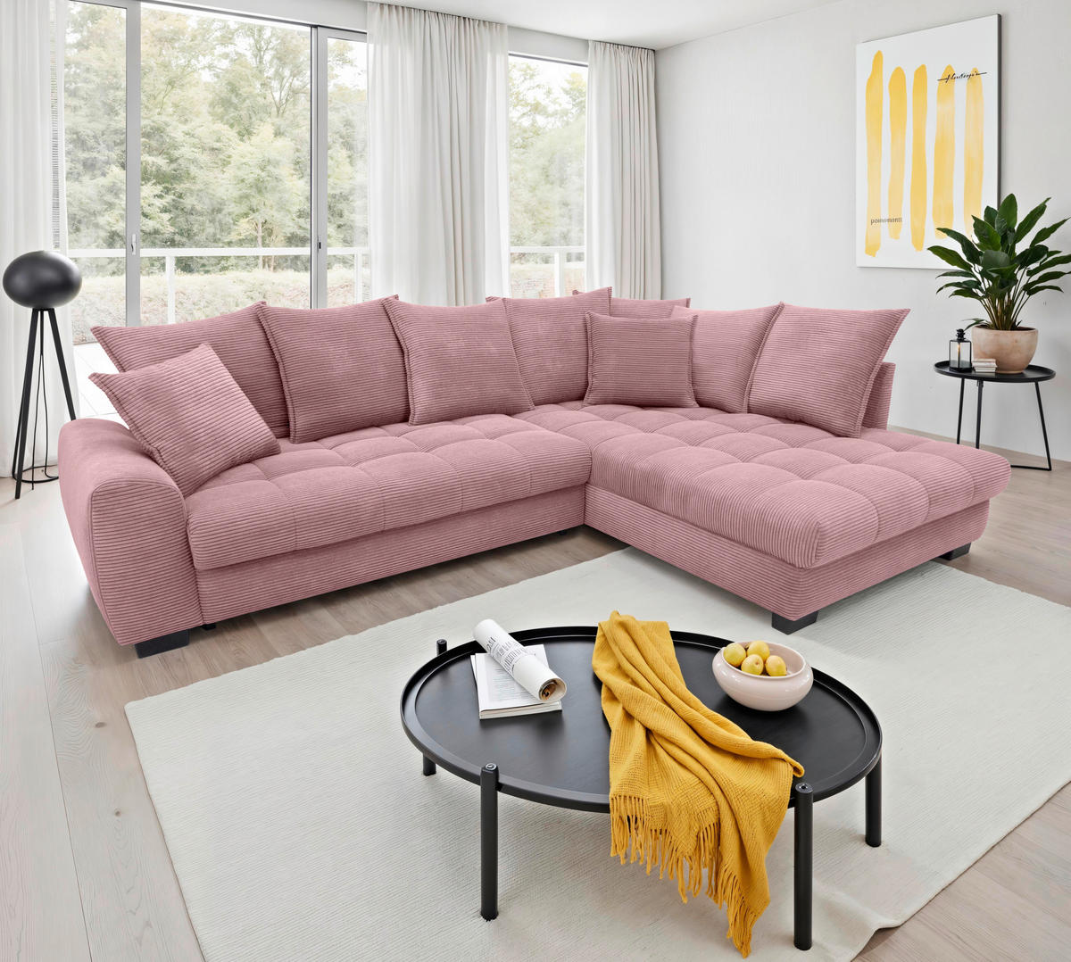 ECKSOFA Rosa Cord Rückenkissen, Armlehnenkissen, Bettkasten, Schlaffunktion, Rücken echt, Liegefläche im Originalstoff  - Schwarz/Rosa, KONVENTIONELL, Kunststoff/Textil (304/212cm) - Carryhome