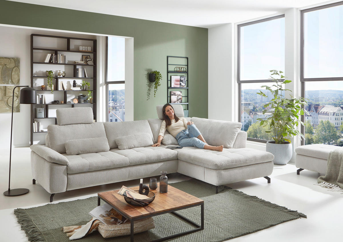 ECKSOFA in Cord, Velours Ecru  - Ecru/Schwarz, Design, Textil/Metall (197/291cm) - Beldomo Style
