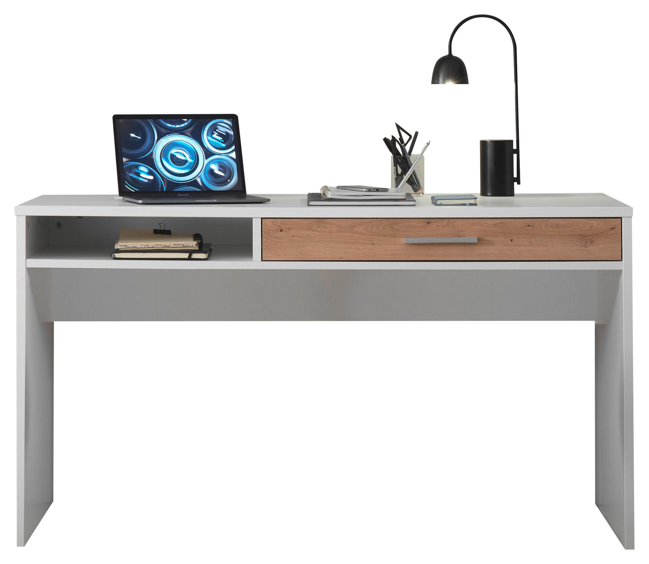JUGENDSCHREIBTISCH Weiß, Eichefarben  - Chromfarben/Eichefarben, Design, Metall (135/60/74cm) - Xora