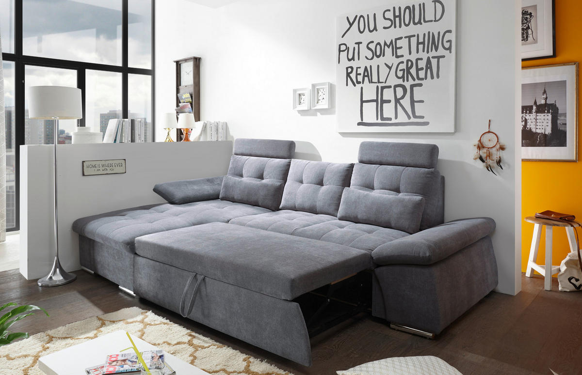 ECKSOFA Dunkelgrau Mikrovelours  - Dunkelgrau/Silberfarben, KONVENTIONELL, Kunststoff/Textil (170/268cm) - MID.YOU