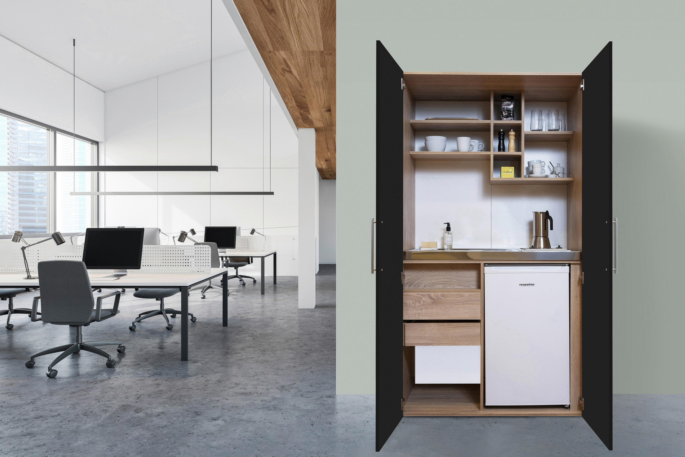 Schrankküche mit Kühlschrank + Kochfeld 104 cm Schwarz