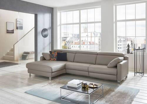 ECKSOFA Grau Echtleder  - Chromfarben/Grau, Design, Leder/Metall (176/321cm) - Valdera