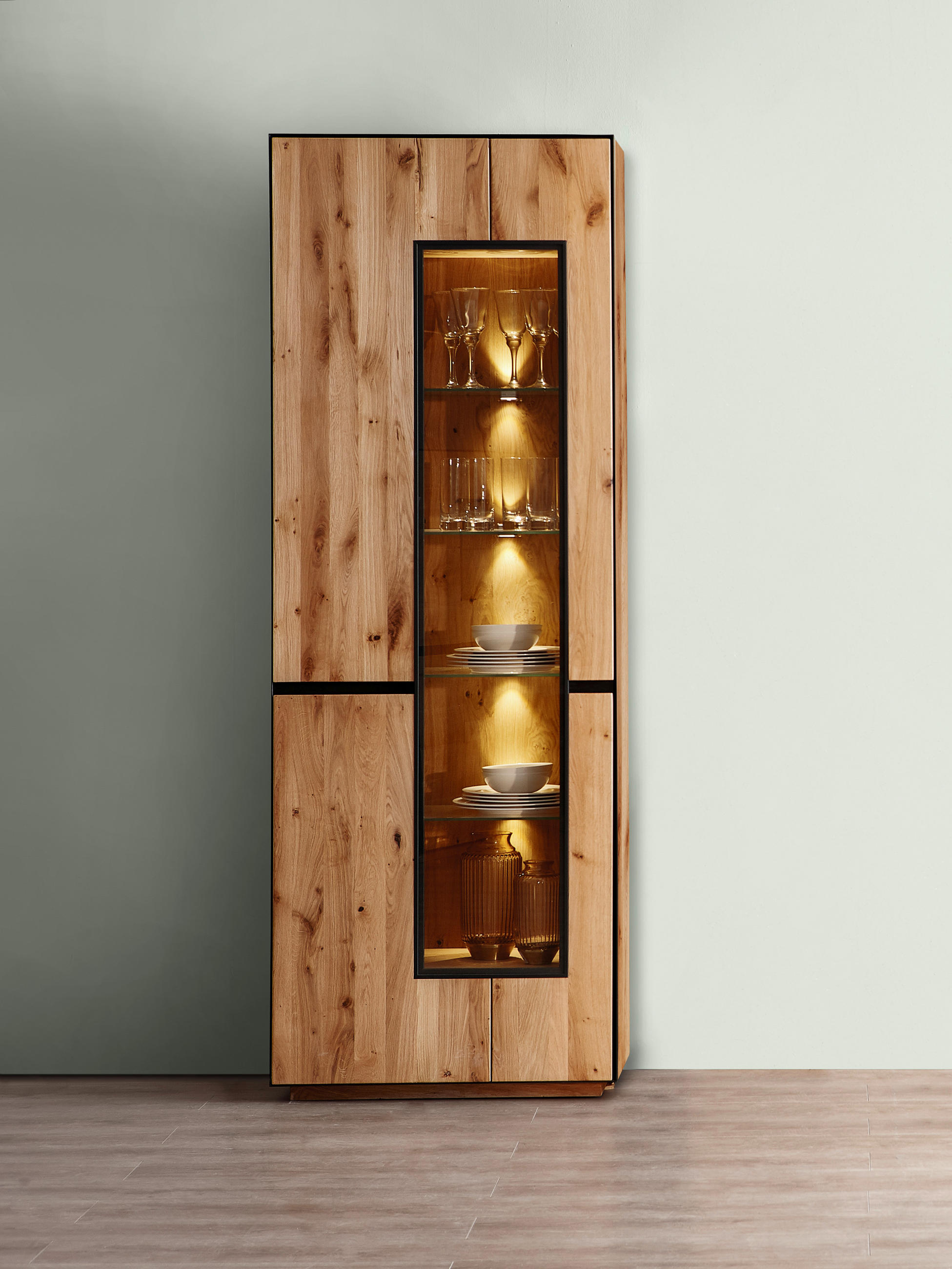 VITRINE Wildeiche furniert, massiv, teilmassiv - Anthrazit, KONVENTIONELL, Glas/Holz (72/203/38cm) - Linea Natura