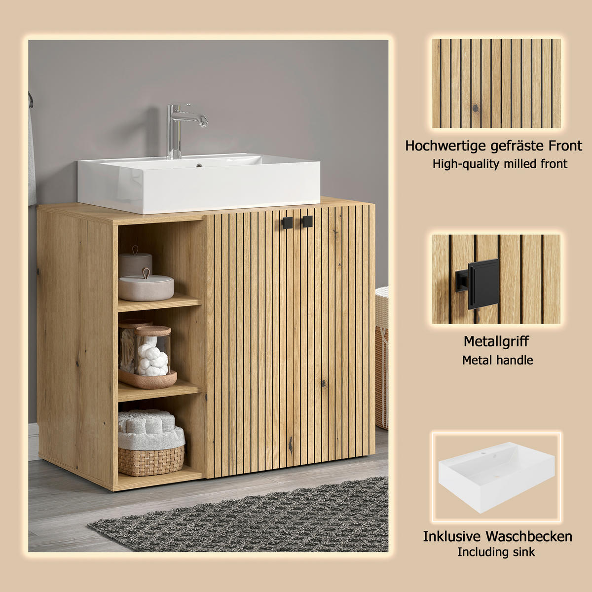 WASCHBECKENUNTERSCHRANK 90/91/53 cm  - Eichefarben/Schwarz, Trend, Holzwerkstoff/Kunststoff (90/91/53cm) - MID.YOU