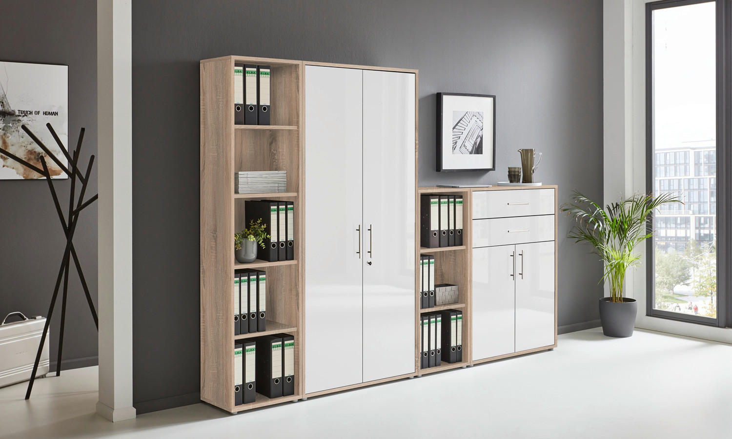 AKTENSCHRANK Sonoma Eiche, Weiß Hochglanz  - Weiß Hochglanz/Sonoma Eiche, MODERN, Holzwerkstoff (257/185,6/33cm) - MID.YOU