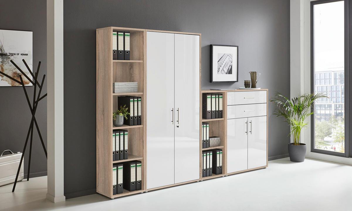 AKTENSCHRANK Sonoma Eiche, Weiß Hochglanz  - Weiß Hochglanz/Sonoma Eiche, MODERN, Holzwerkstoff (257/185,6/33cm) - MID.YOU