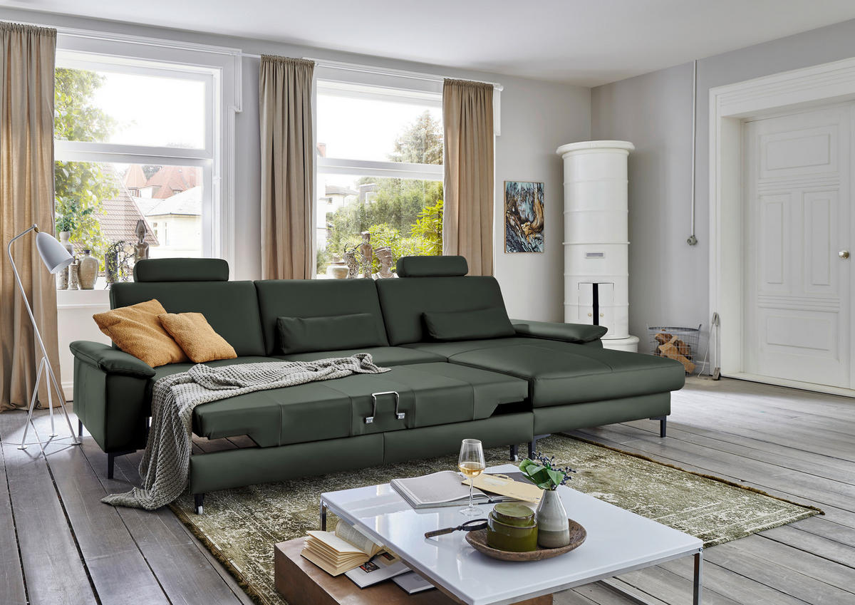 ECKSOFA in Echtleder Dunkelgrün  - Dunkelgrün/Schwarz, Design, Leder/Metall (334/176cm) - Dieter Knoll