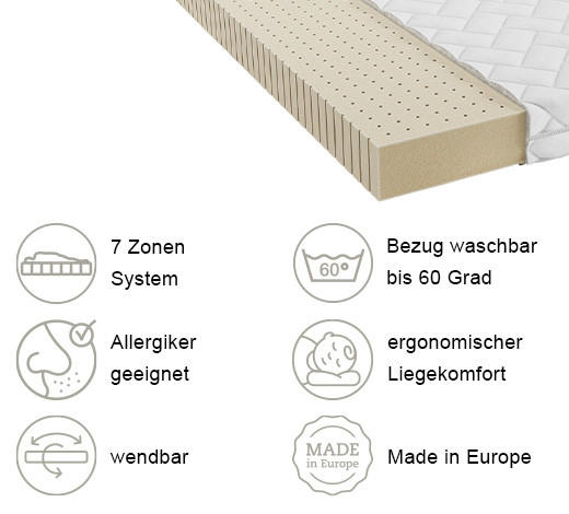 Thumbnail - Xora Latexmatratze, Weiß, Textil, H2, 180x200 cm, Bezug abnehmbar/waschbar, für Hausstauballergiker geeignet, wendbar, v...