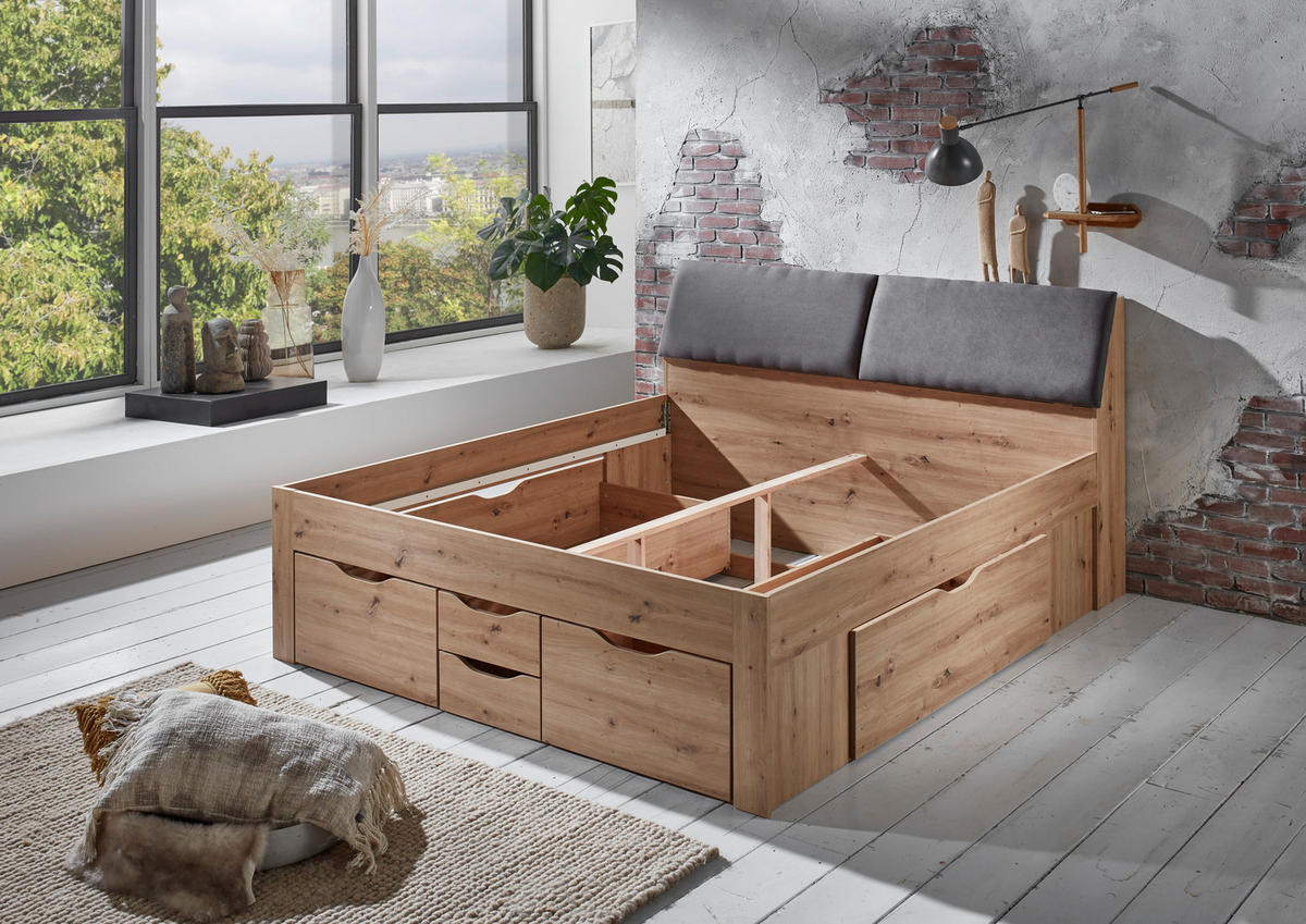 POSTELJA S PREDALOM 180 cm   x 200 cm  , hrast artisan  - siva/hrast artisan, Konvencionalno, leseni material/tekstil (237,5/185,6cm) - Carryhome