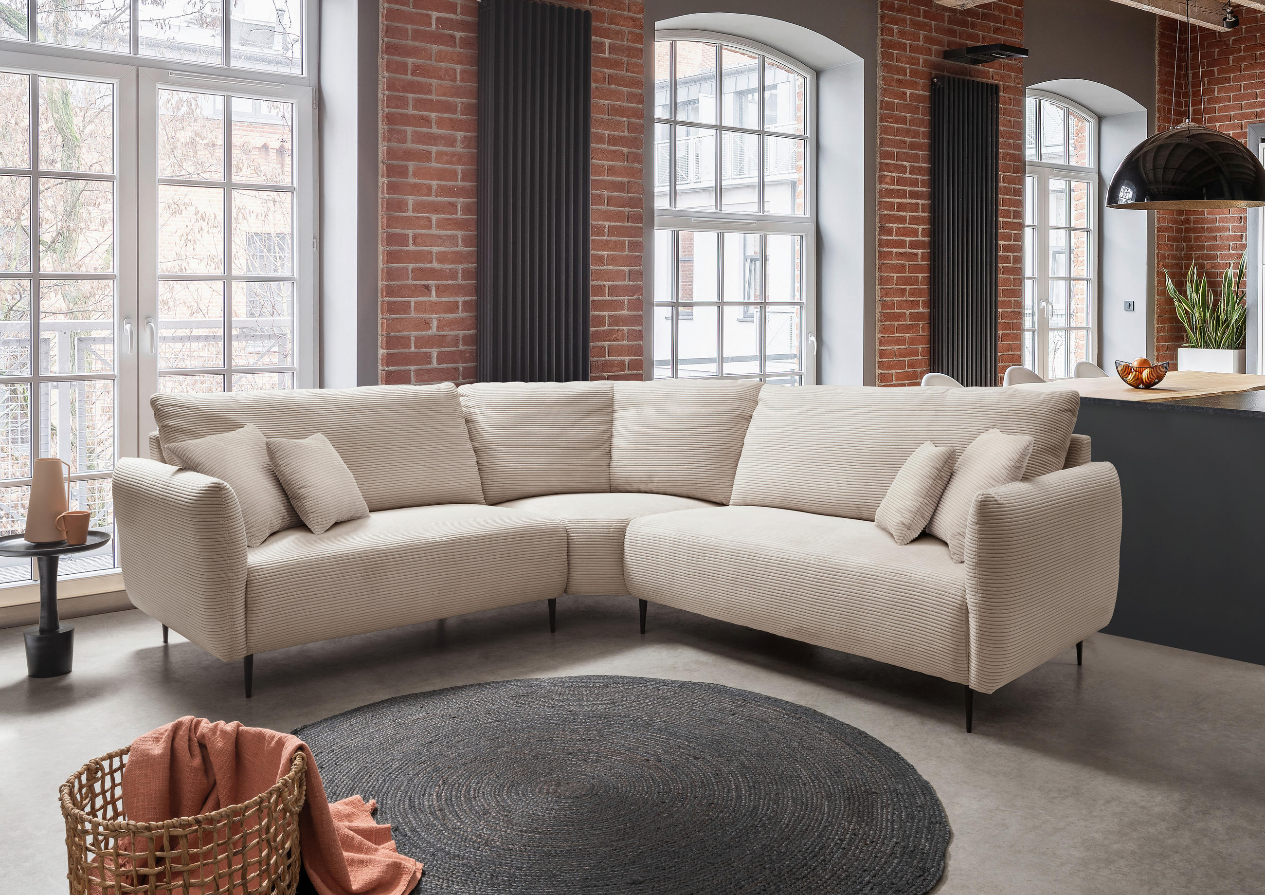 ECKSOFA in Cord Beige  - Beige/Schwarz, Design, Textil/Metall (256/256cm) - Livetastic