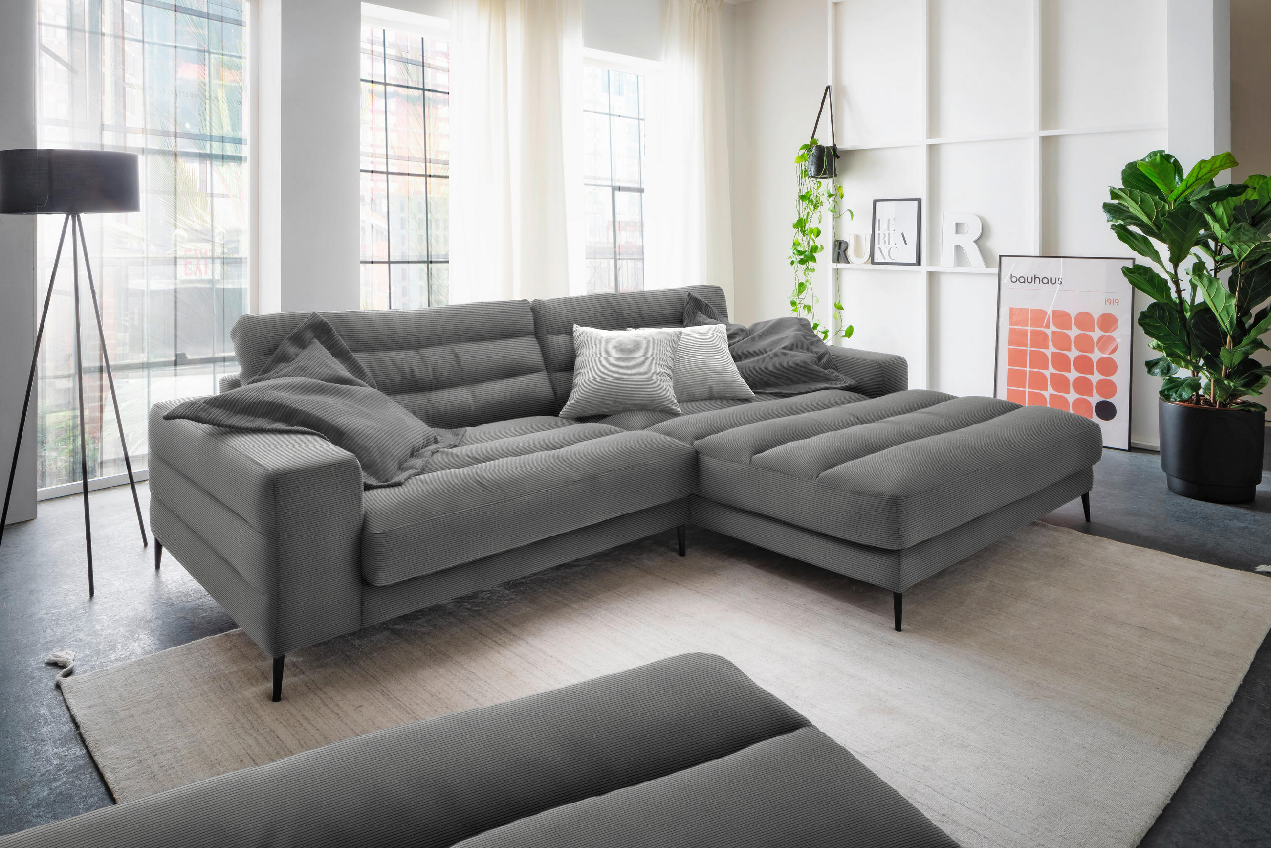 ECKSOFA in Cord Grau  - Schwarz/Grau, Design, Textil/Metall (296/207cm) - Dieter Knoll