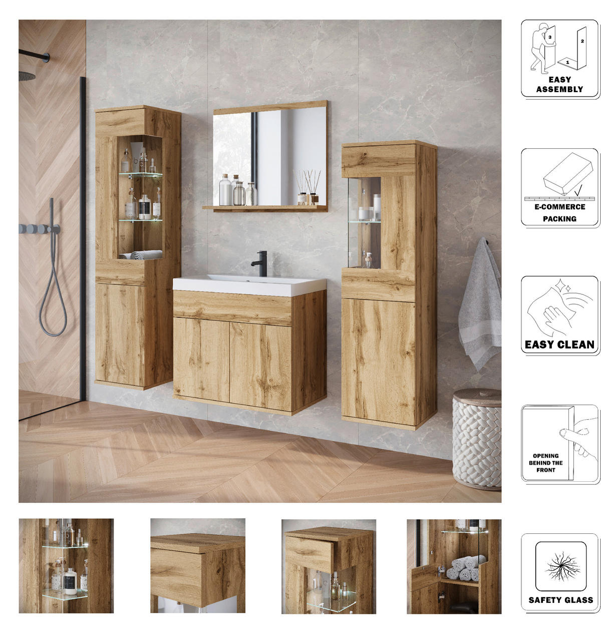 BADEZIMMER 5-teilig  in 120,4 cm  - Eiche Wotan/Weiß, Trend, Glas/Keramik (120,4cm) - P & B