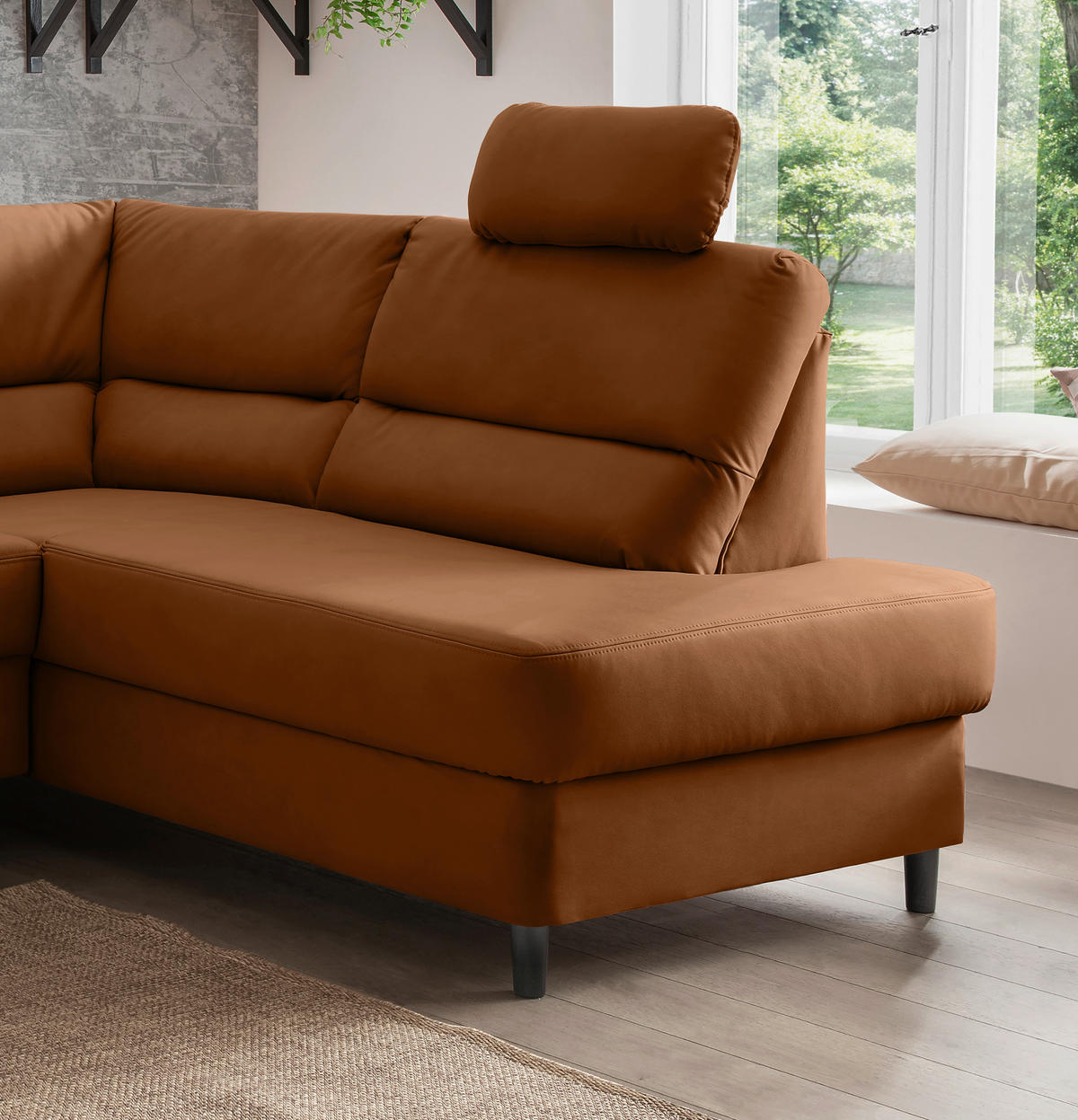 ECKSOFA in Lederlook Cognac  - Cognac/Schwarz, Modern, Holz/Textil (266/190cm) - Livetastic