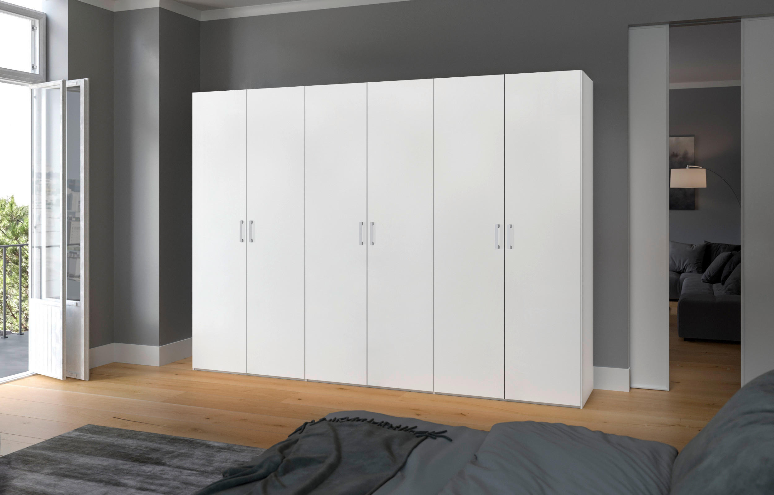 DREHTÜRENSCHRANK 303/215/59 cm 6-türig Weiß  - Chromfarben/Weiß, Design, Holzwerkstoff (303/215/59cm) - Boxxx