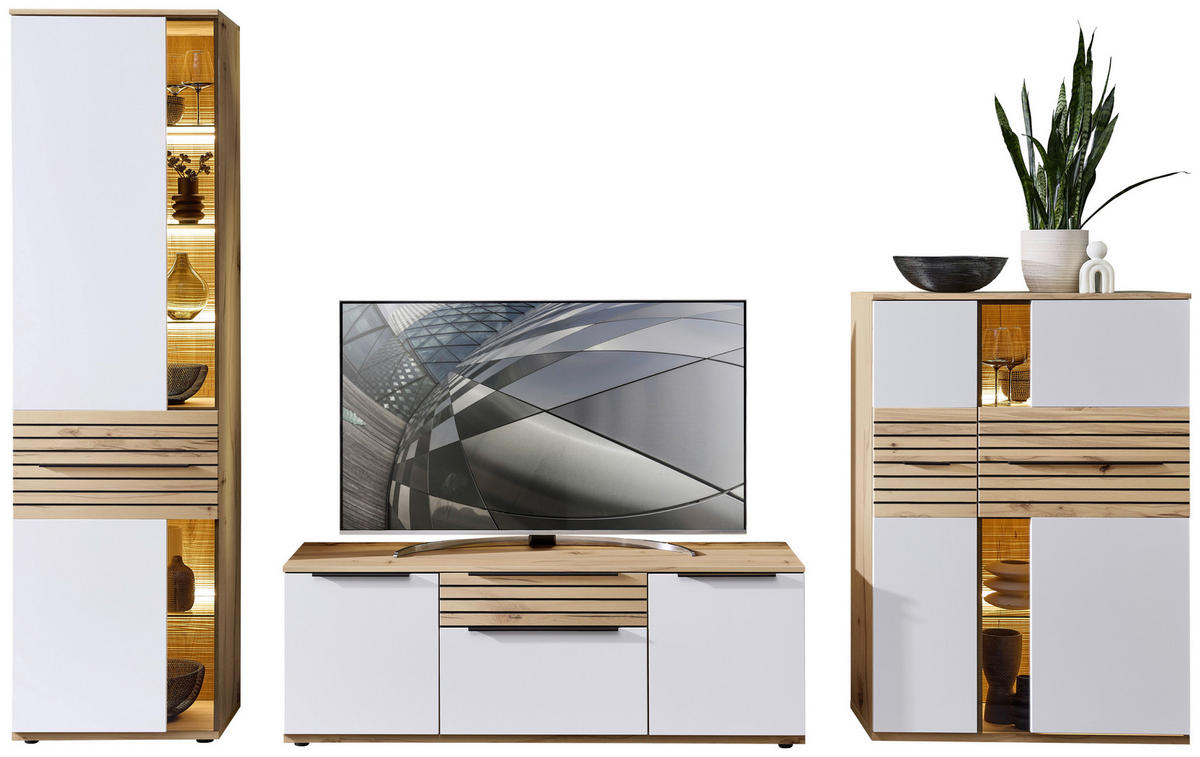 WOHNWAND  in Weiß, Buchefarben  330/215/45 cm  - Buchefarben/Schwarz, KONVENTIONELL, Glas/Holzwerkstoff (330/215/45cm) - Venda