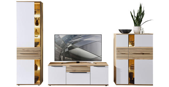 WOHNWAND  in Weiß, Buchefarben  330/215/45 cm  - Buchefarben/Schwarz, KONVENTIONELL, Glas/Holzwerkstoff (330/215/45cm) - Venda