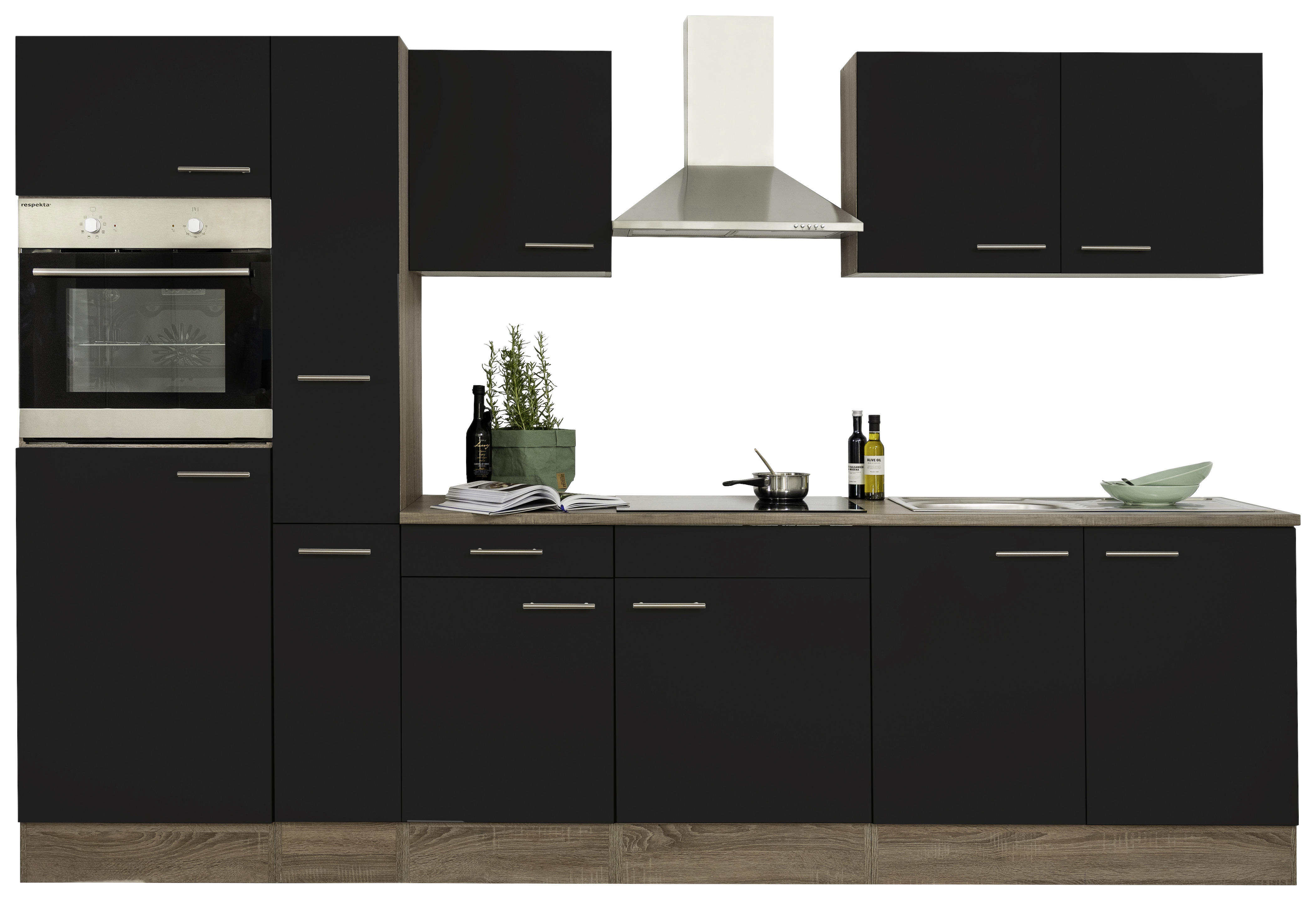 KÜCHENBLOCK 300 cm Schwarz, Eichefarben E-Geräte, Spüle, Dunstabzug, Ab- und Überlaufgarnitur - Edelstahlfarben/Eichefarben, Design, Metall (300cm) - Respekta