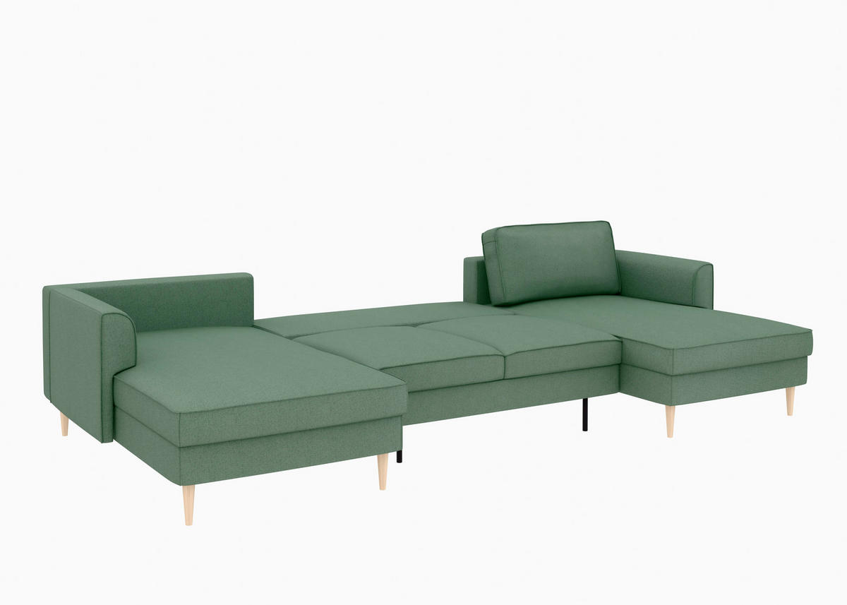 WOHNLANDSCHAFT Dunkelgrün Struktur  - Dunkelgrün/Buchefarben, MODERN, Holz/Textil (161/306/161cm) - Trendmanufaktur