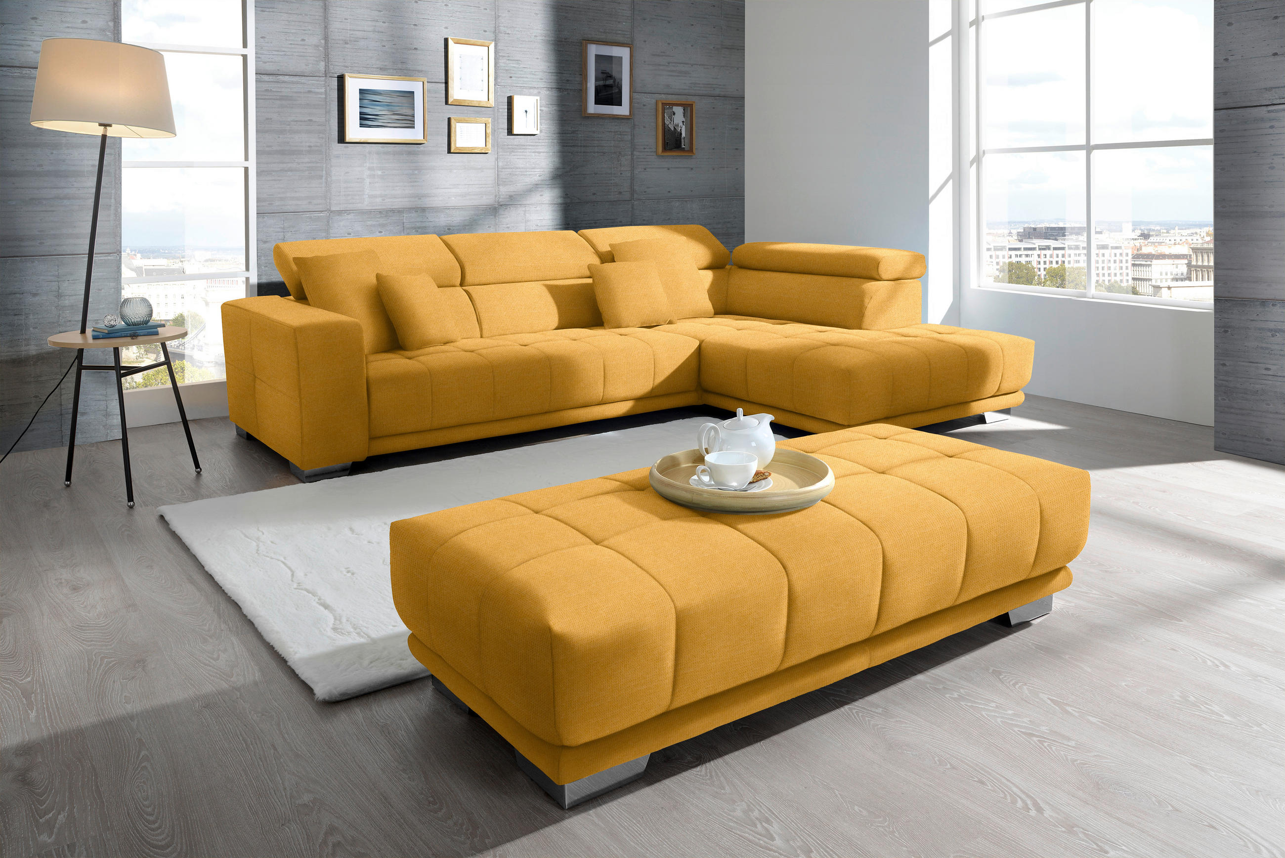 ECKSOFA in Mikrofaser Dunkelgelb  - Chromfarben/Dunkelgelb, Design, Textil/Metall (301/207cm) - Xora