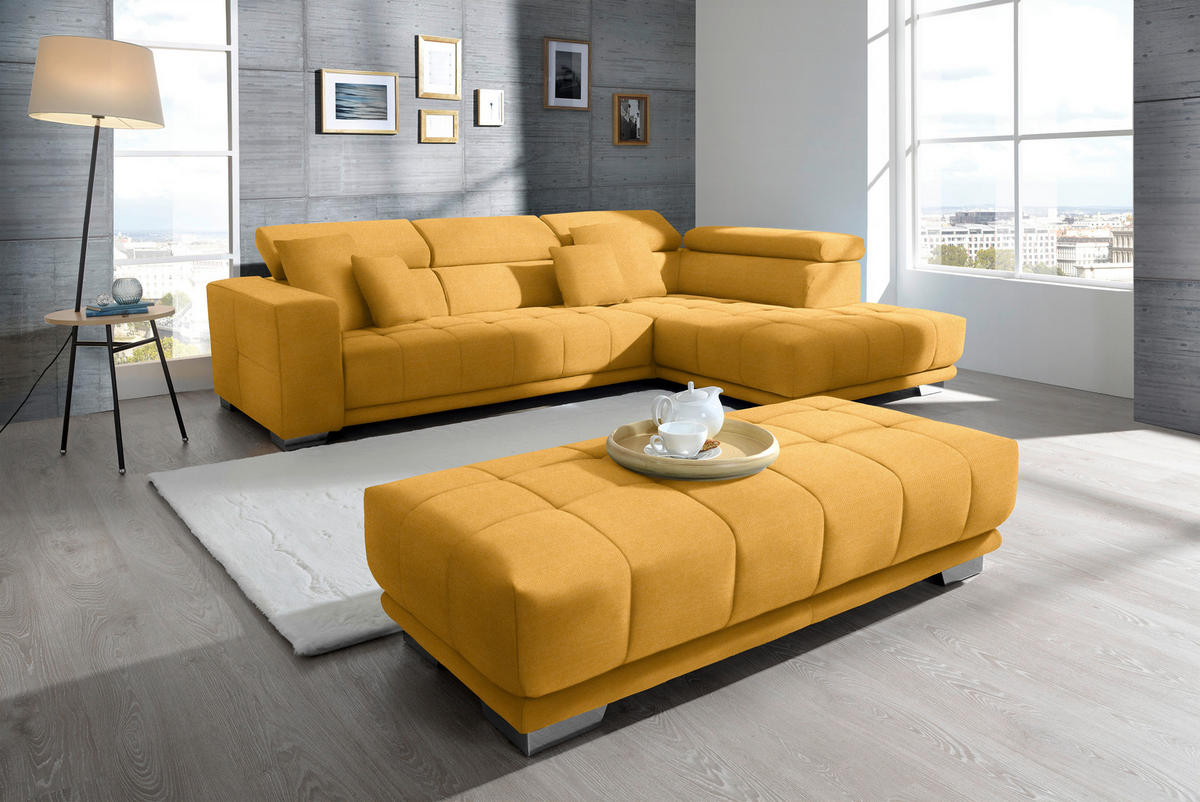 ECKSOFA in Mikrofaser Dunkelgelb  - Chromfarben/Dunkelgelb, Design, Textil/Metall (301/207cm) - Xora