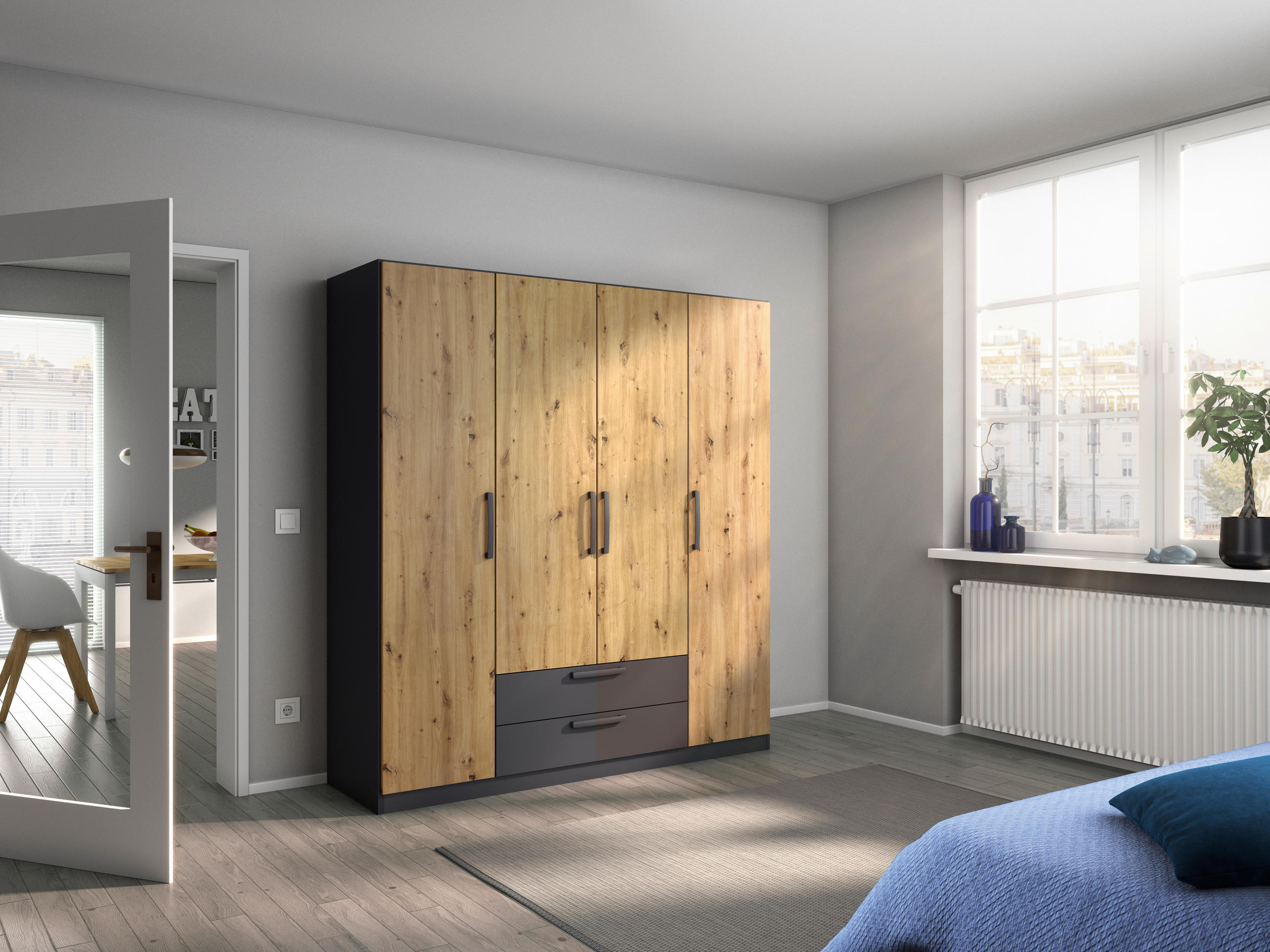 DREHTÜRENSCHRANK 181/197/54 cm,  in Grau, Eiche Artisan, 4-türig  - Eiche Artisan/Grau, MODERN, Holzwerkstoff/Kunststoff (181/197/54cm) - Rauch Möbel